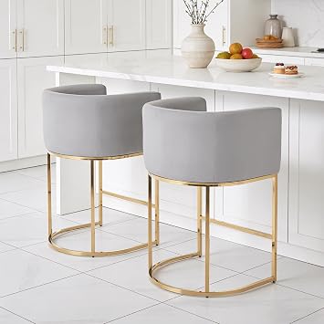 Modern Counter Height Bar Stools Set of 2,26" H Upholstered Velvet Kitchen Island Stools, Barrel Accent Bar Stool with Back, Island Chairs with Golden Metal Frame, Grey