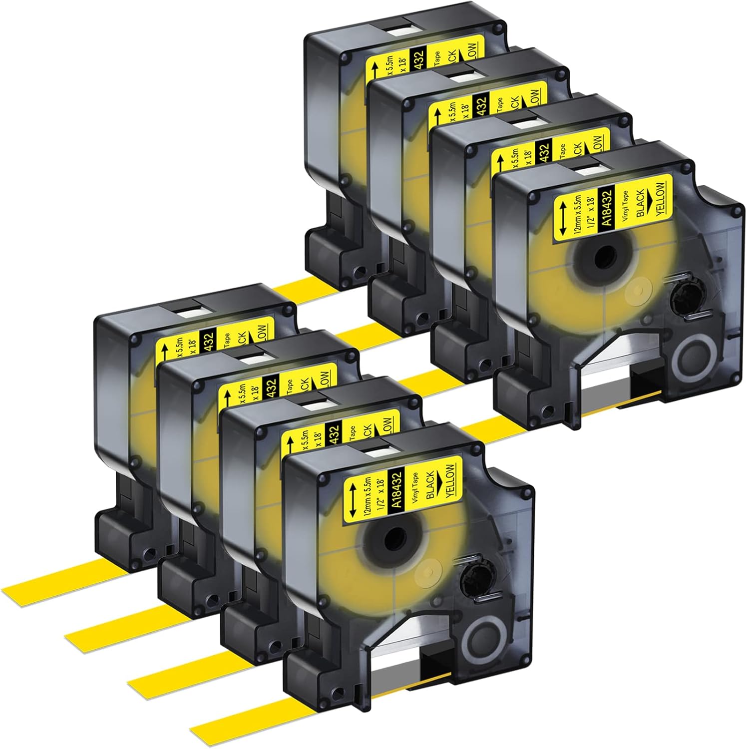 8 Pack Compatible for Dymo Rhino 18432 1/2" 12mm Black on Yellow Vinyl Permanent Industrial Label Tape for Rhino 1000 3000 4200 5000 5200 6000 and 3M Label Maker