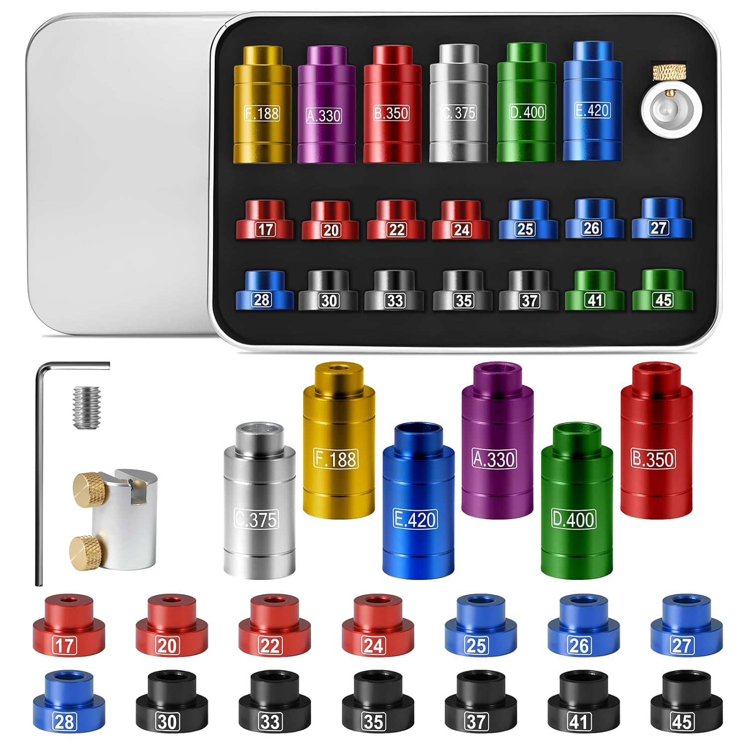 Bullet and Headspace Gauge Comparator Kit with 14 Inserts & 6 Bushings, Headspace Comparator Kit for .17 to .45 Caliber, Reloading Supplies and Equipment and Reloading Tool with Tin Case