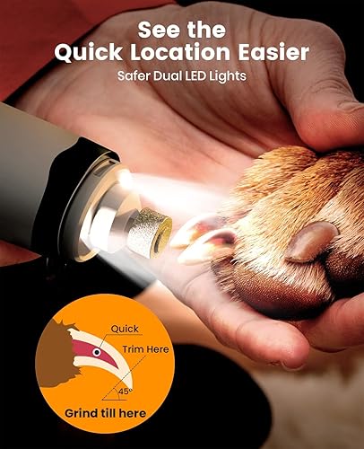 Miniatura 5 de oneisall Cortadora de patas silenciosa 2 en 1 y molinillo de uñas de perro con luces LED, kit de aseo de patas de perro de 35 dB, recargable e