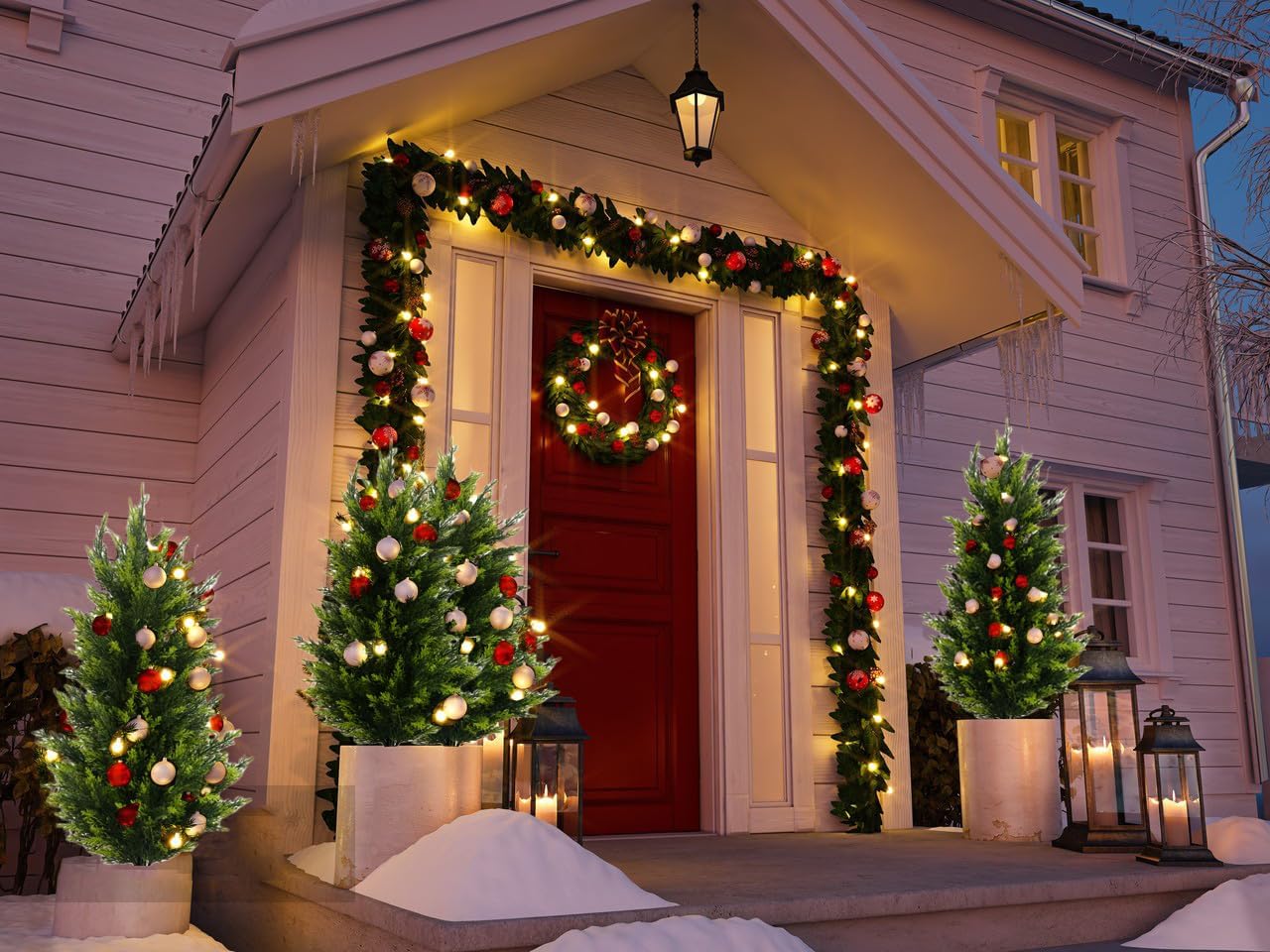 3.5Ft Artificial Cypress Topiary Trees Outdoor Plants with Spike,UV Resistant Fake Shrubs Set of 2 Faux Cedar Bushes Faux Plants for Indoor Outdoor Front Porch Garden