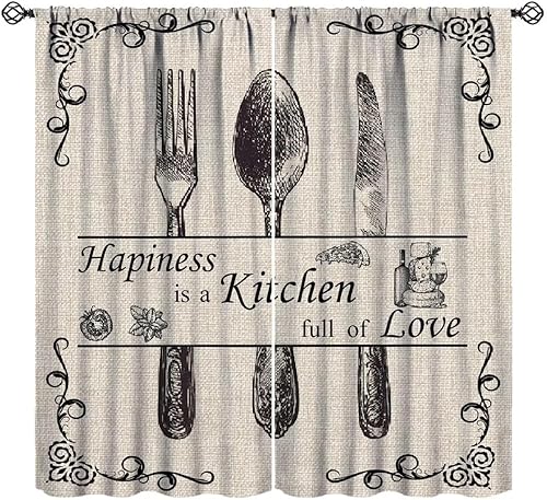 Cortinas rústicas de cocina, tenedor vintage, cuchara, estilo de lino beige, estampado retro, con bolsillo para barra, cortinas de ventana para