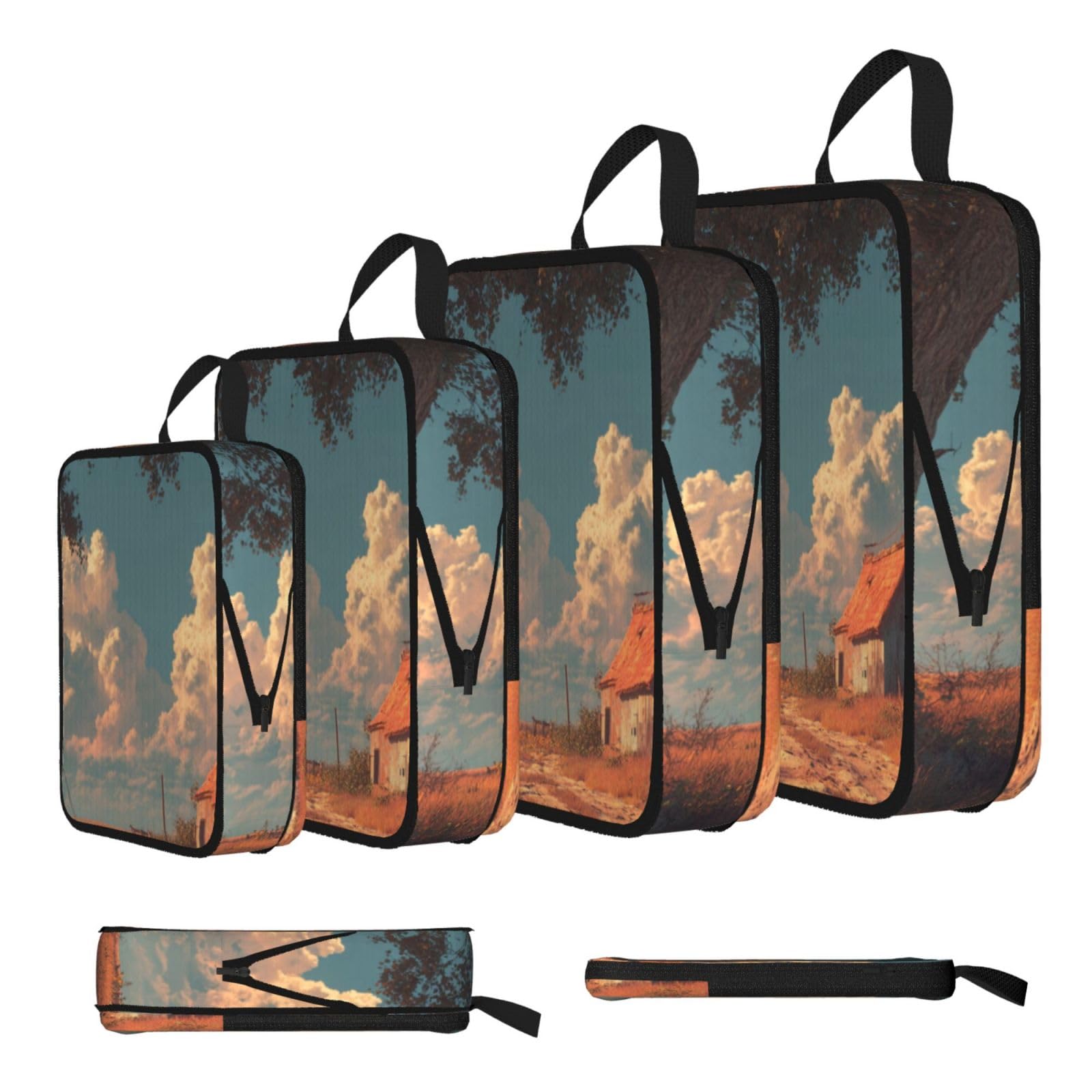 Rural Scenery Print 4 Set Compression Packing Cubes For Suitcases,Expandable Storage Bags Organizers