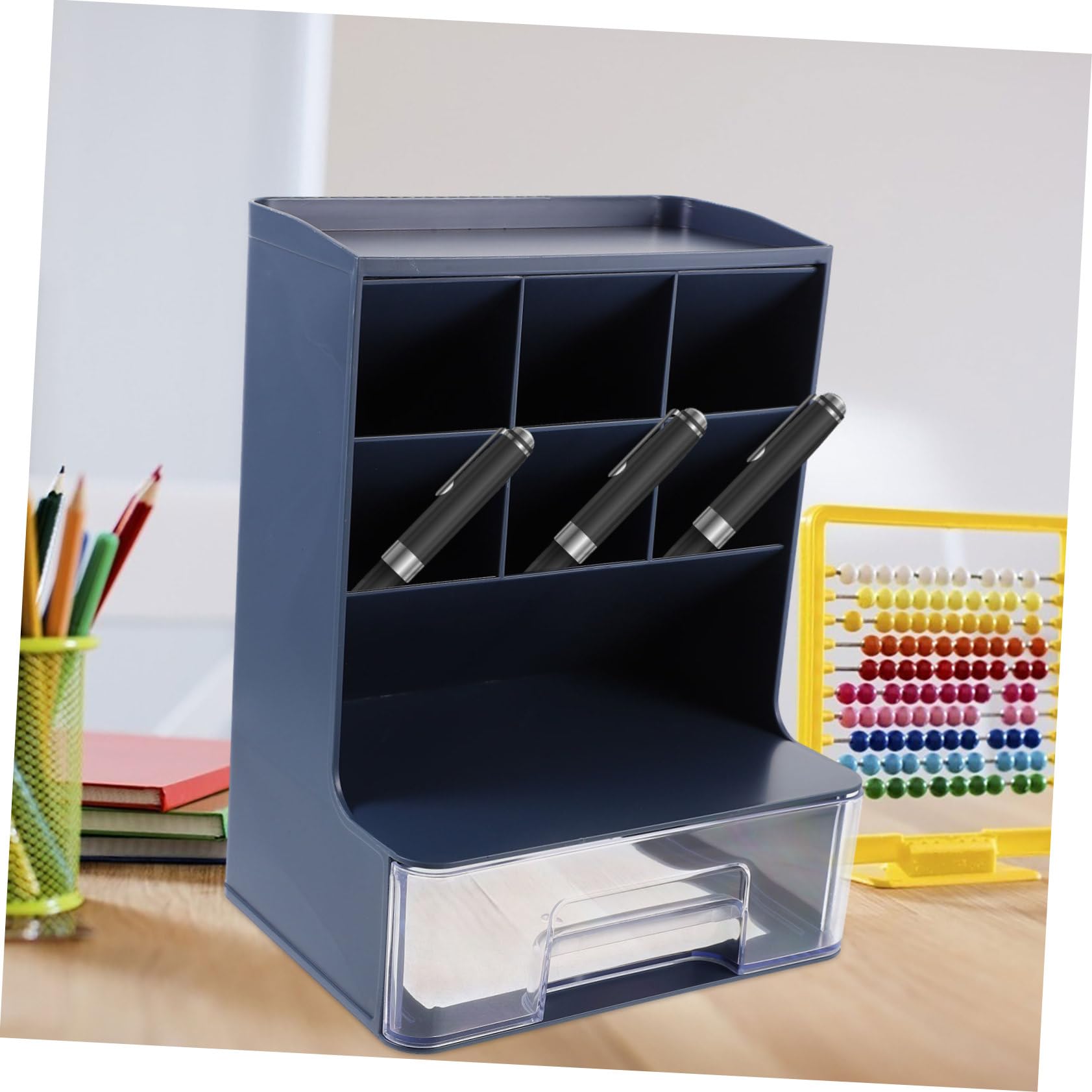 Portalápices Multifuncional Organizador De Escritorio Pequeño Plástico Azul Oscuro Cajón Transparente Para Oficina Estudio y Hogar