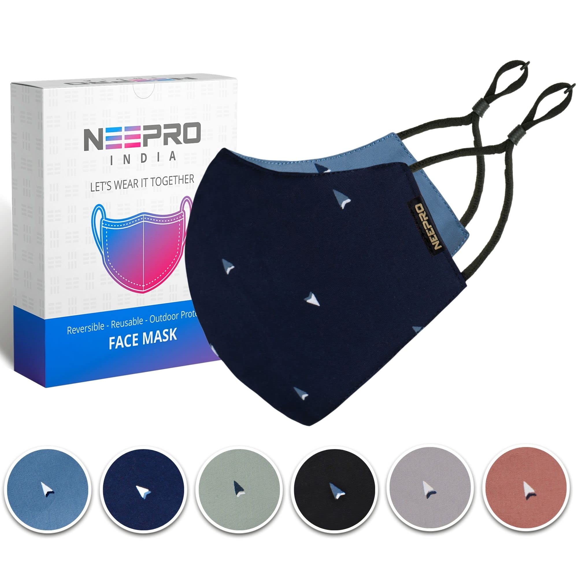 NEEPRO® Cotton Mask For Men and Mask for Women Stylish, Reversible, Washable, Anti-bacterial Cloth Face Mask With Adjustable Earloop With Nose clip and Headloop Strap (Medium, 3)