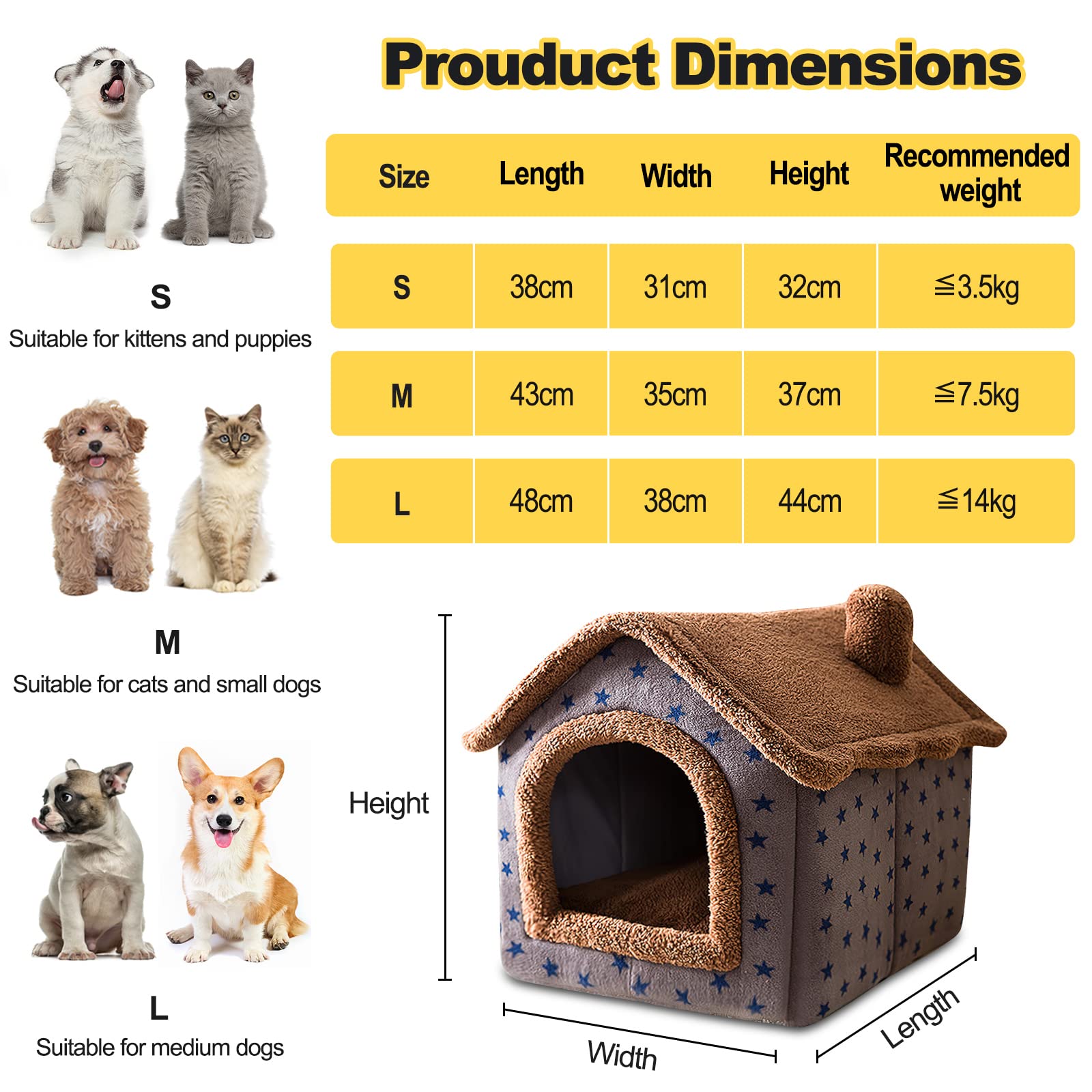 Galatée Letto Grotta Per Gatti, Cuccia Per Cani Lavabile, Igloo Per Gatti In Peluche Caldo e Accogliente, Cuccia Per Gatti Pieghevole e Confortevole, Cuccia Per Animali Domestici(M, Stelle Marroni)