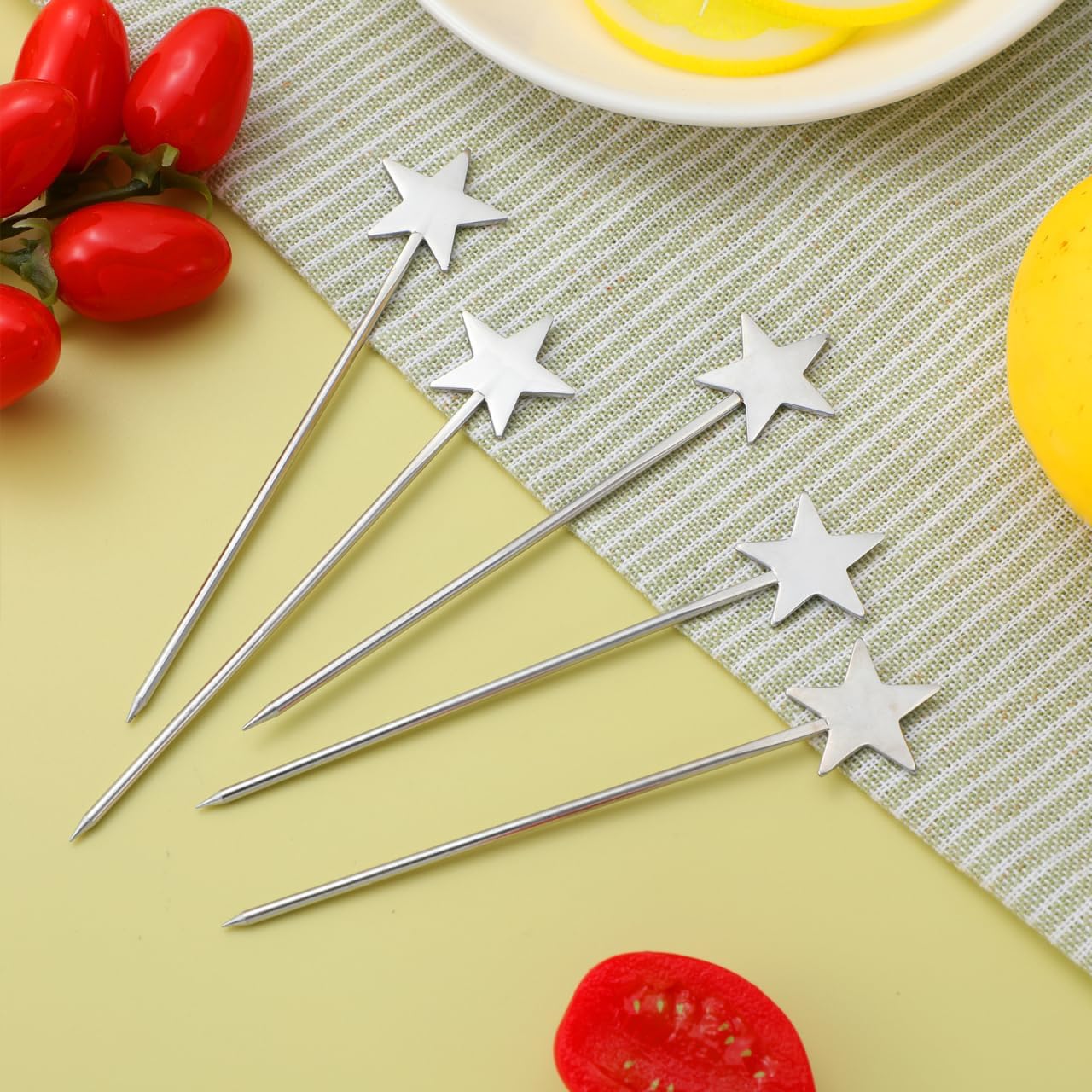 Hemoton 10-Pack 4.72 Inch 304 Stainless Steel Star Shaped Fruit Picks Reusable Cocktail Appetizer Dessert Skewers for Party Banquet Home Bar Use