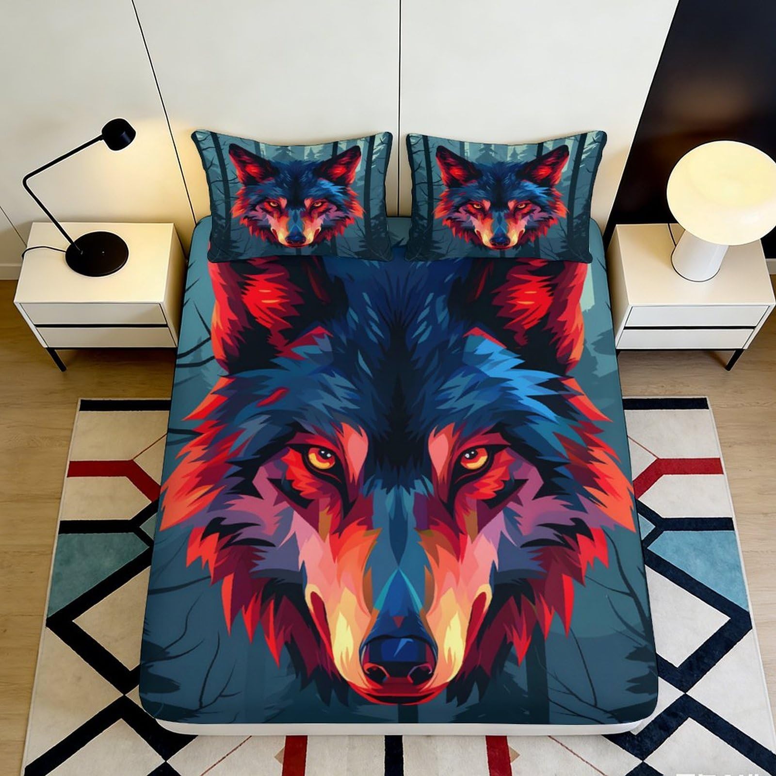 3D Printed Colorful Wolf Fitted Sheet Microfiber Soft Anti-Slip Mattress Cover for Bedroom Dorm Decor Easy Care 160x200x25cm