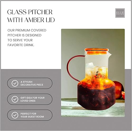 Miniatura 2 de elle decor Jarra de vidrio con tapa ámbar, 48 onzas, jarra de agua de vidrio de borosilicato duradera con tapa y boquilla, jarra con asa para té
