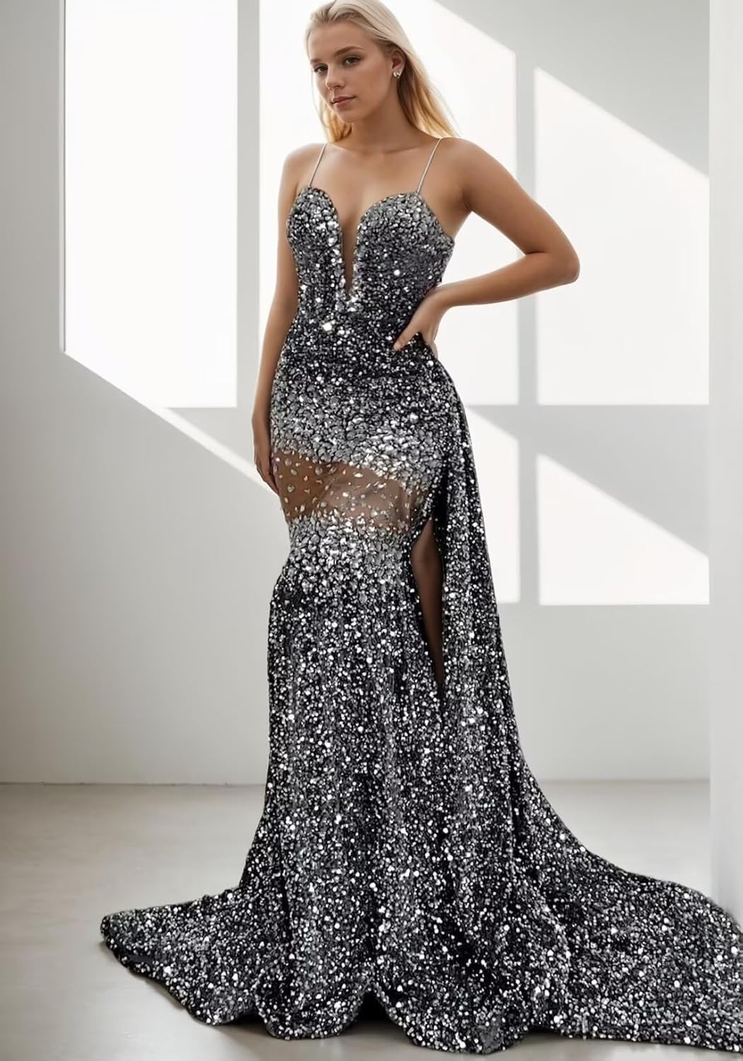 Rhinestones Tulle Shiny Sequin Prom Dress Women's Evening Party Gown Crystals Mermaid Shower Gala Pageant Celebrity Gown