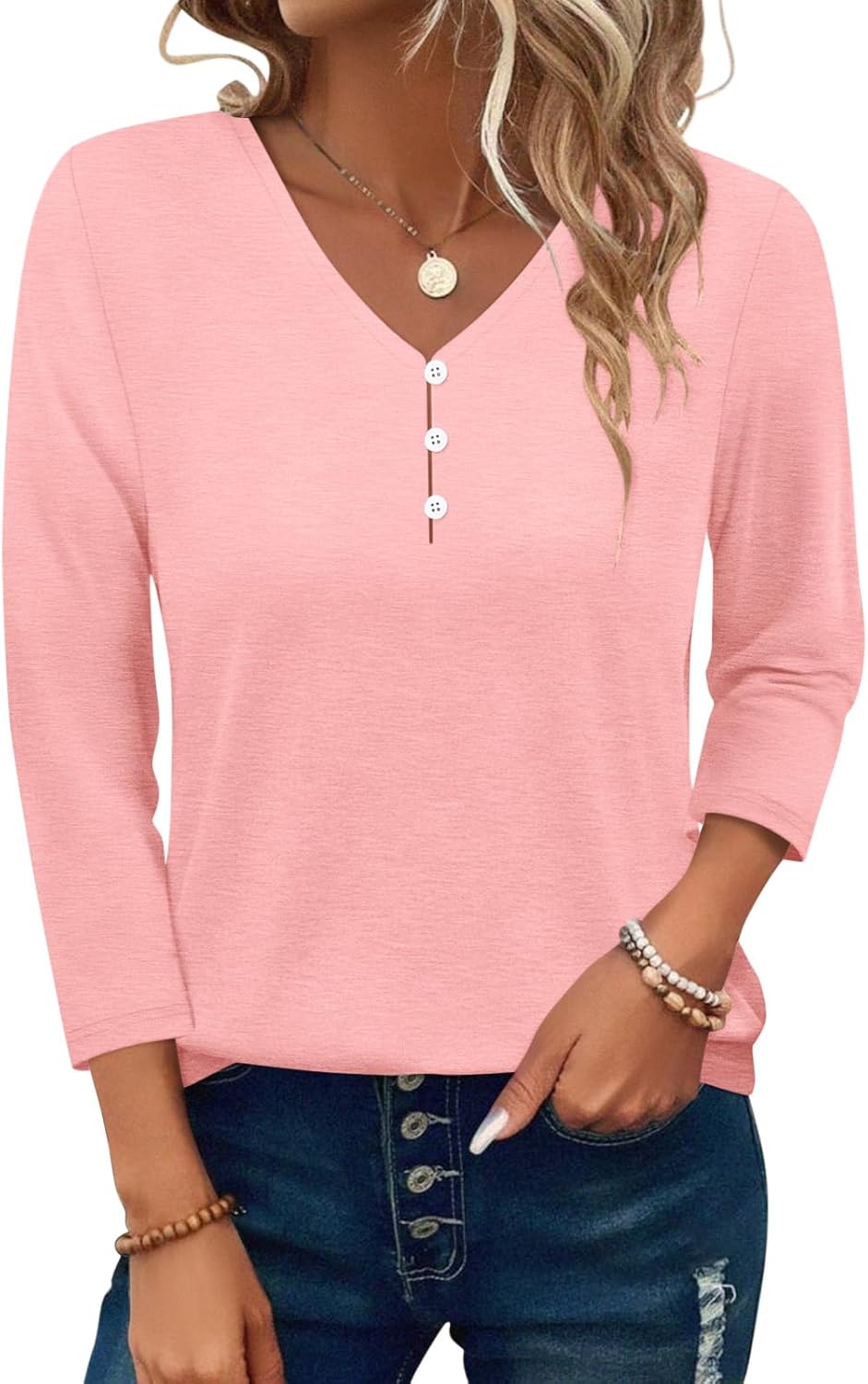 PGANDS Women's 3/4 Sleeve V Neck T Shirts Casual Lightweight Button Tops
