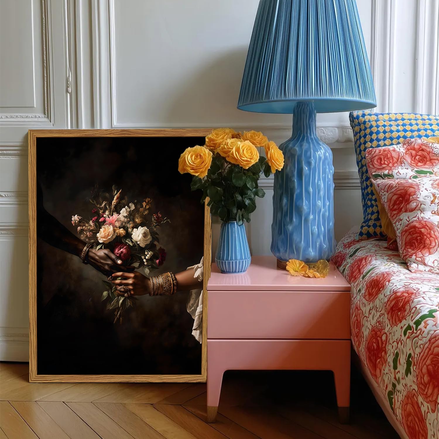 Framed Black Love Floral Wall Art, African American Couple Canvas Wall Decor Prints, Dark Romantic Holding Flowers Paintings Pictures Moody Home Decor Aesthetic for Living Room Bedroom 12x16 inch