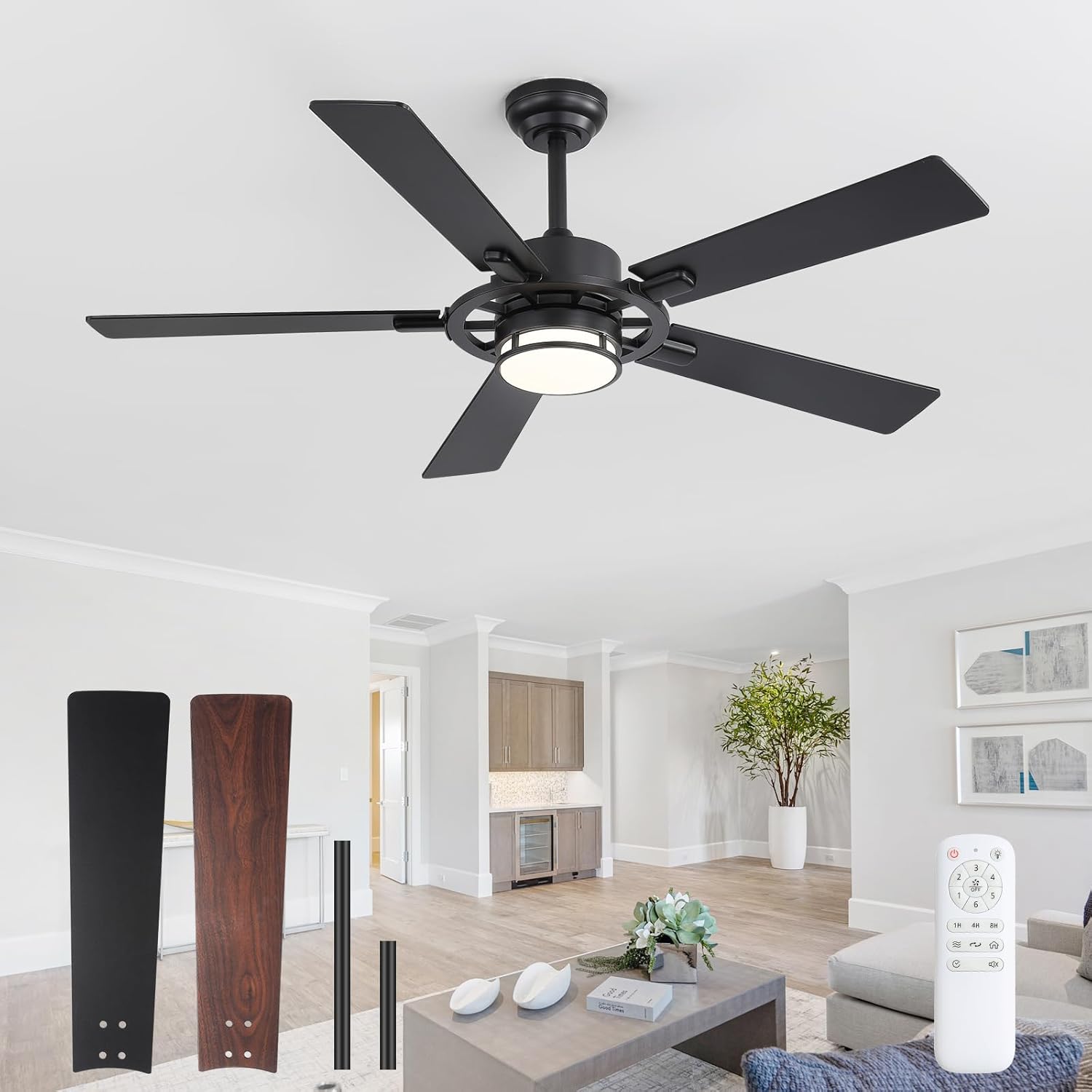 Modern Ceiling Fans with Lights, 52 Inch Ceiling Fans with Remote, 20W 3CCT Dimmable, 5 Blades 6 Speed Reversible for Bedroom Living Room Kitchen, Quiet DC Motor, Black