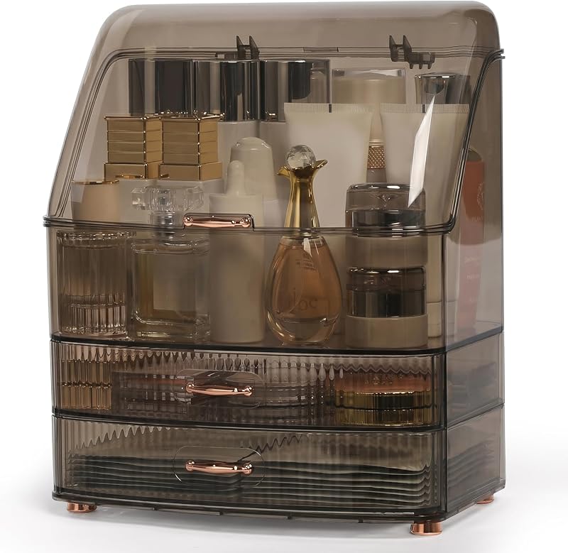 Organizador de maquiagem Brothersbox para bancada, com tampa e 2 gavetas, Clear Black
