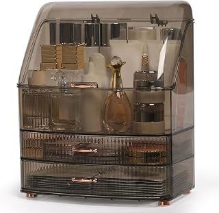 Makeup Organizer Countertop for Vanity with Lid and 2 Drawers, Clear Black | Large Capacity Dustproof Bathroom Counter Organizer for Skincare, Cosmetic Storage, Gold Base Anti-Slip, Teen Girl Gifts