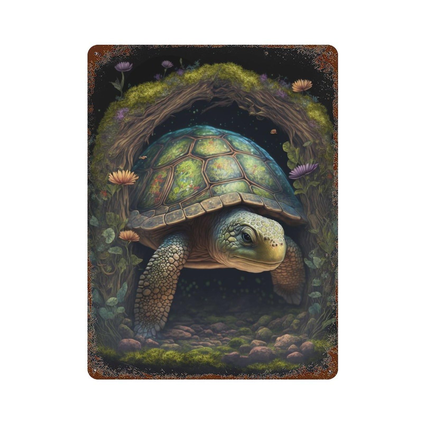Rusty Metal Tin Sign with Fantasy Forest Turtle Artwork Design 15.7"x11.8", for Farmhouse, Kitchen And Entryway Decor, Classic Wall Plaque