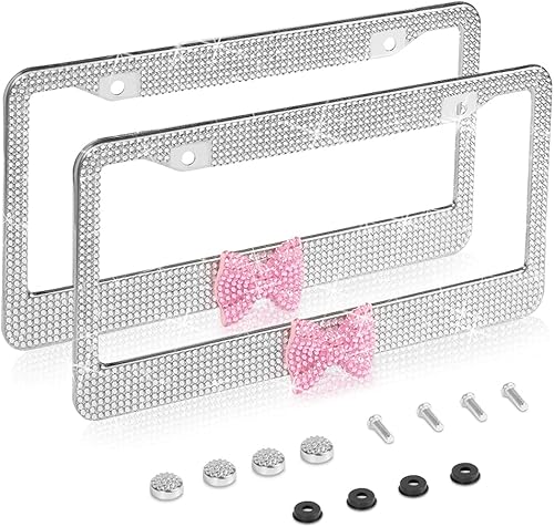Paquete de 2 marcos de matrícula con brillos, marcos de matrícula de acero inoxidable premium con diamantes de imitación brillantes hechos a mano,