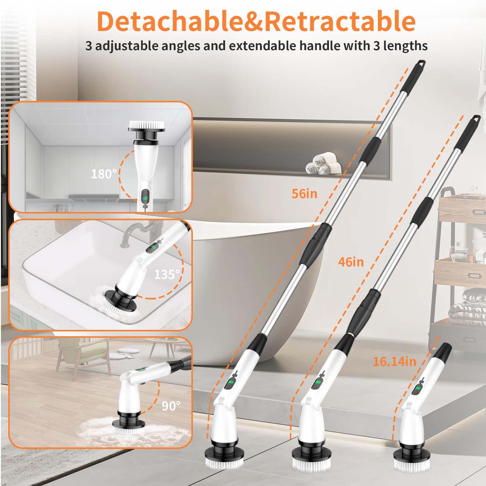 Spazzola elettrica 11 in 1 per la pulizia senza fili, 3 angoli regolabili, 2 velocità regolabili, display a LED, spazzola per la pulizia della doccia, prolunga con manico lungo per bagno, pavimento