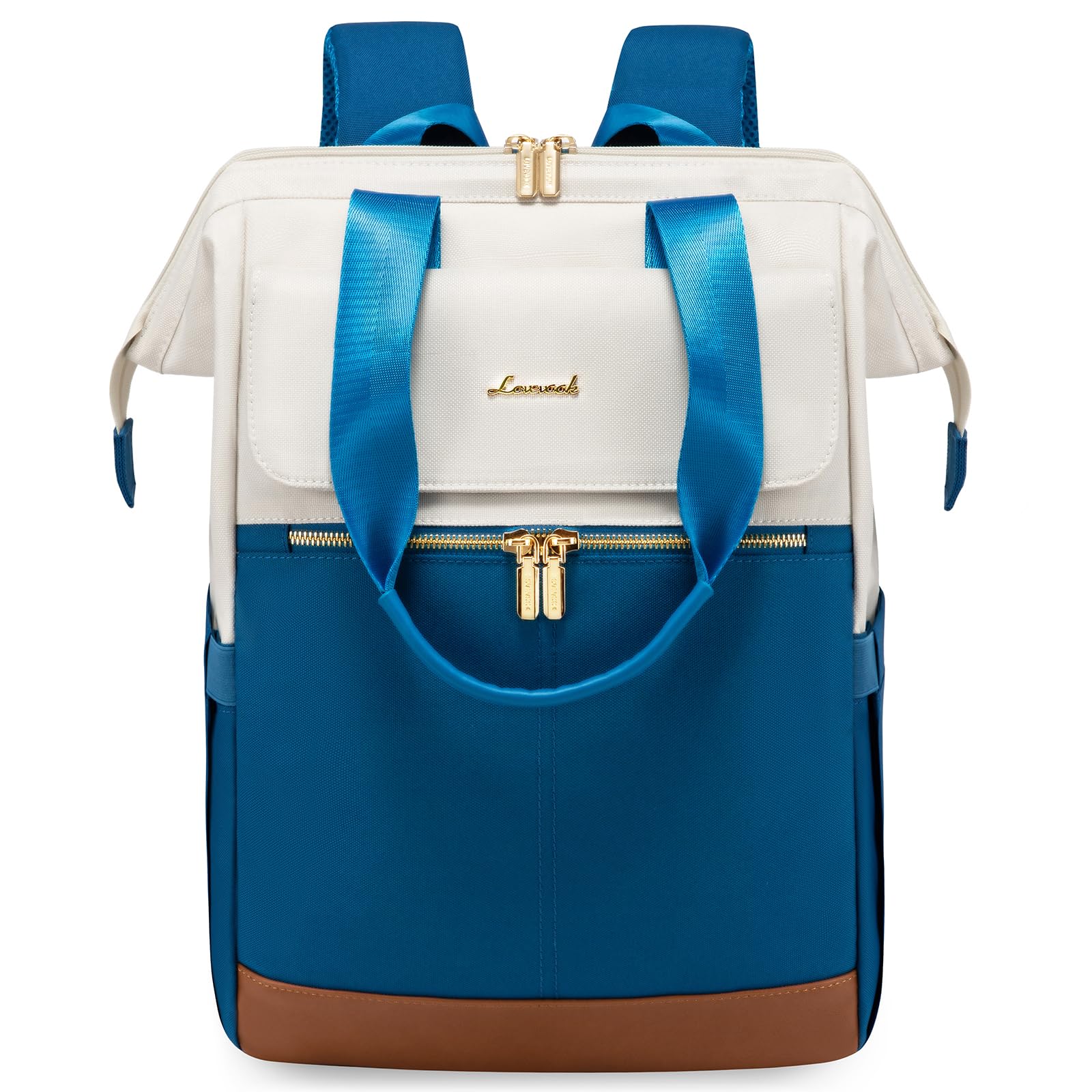 LOVEVOOK Zaino Blu, Zaino Scuola Ragazze con Scomparto per Laptop 15,6 Pollici, Zaino da Viaggio Impermeabile, Borsa da Lavoro per Insegnanti e Viaggi per Scuola Università Ufficio, Beige-Blu