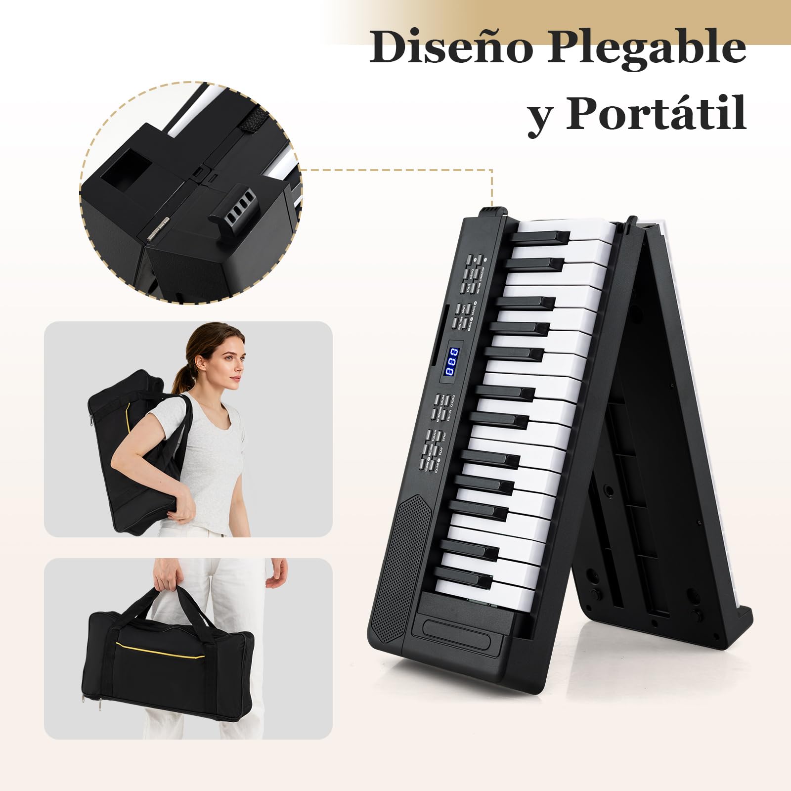 COSTWAY Teclado de Piano Plegable de 61 Teclas, 128 Tonos y 128 Ritmos, Piano Electrónico con Auriculares, Pedal de Sustain, Teclado Digital Portátil con Bolsa Transporte para Principiantes (Negro)