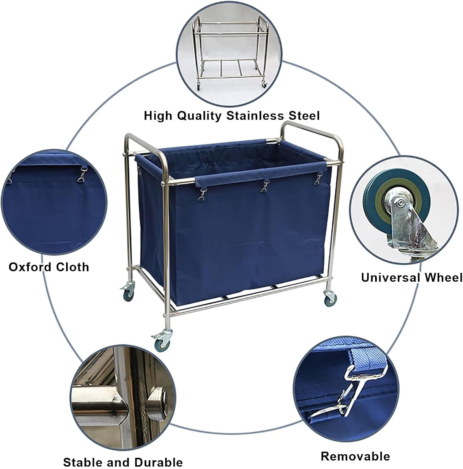 Laundry Cart with Wheels, Large Rolling Basket, Stainless Steel Sorter Trolley with Removable Bags, 11.5 Bushel for Home, Hotel, Restaurant, Hospital