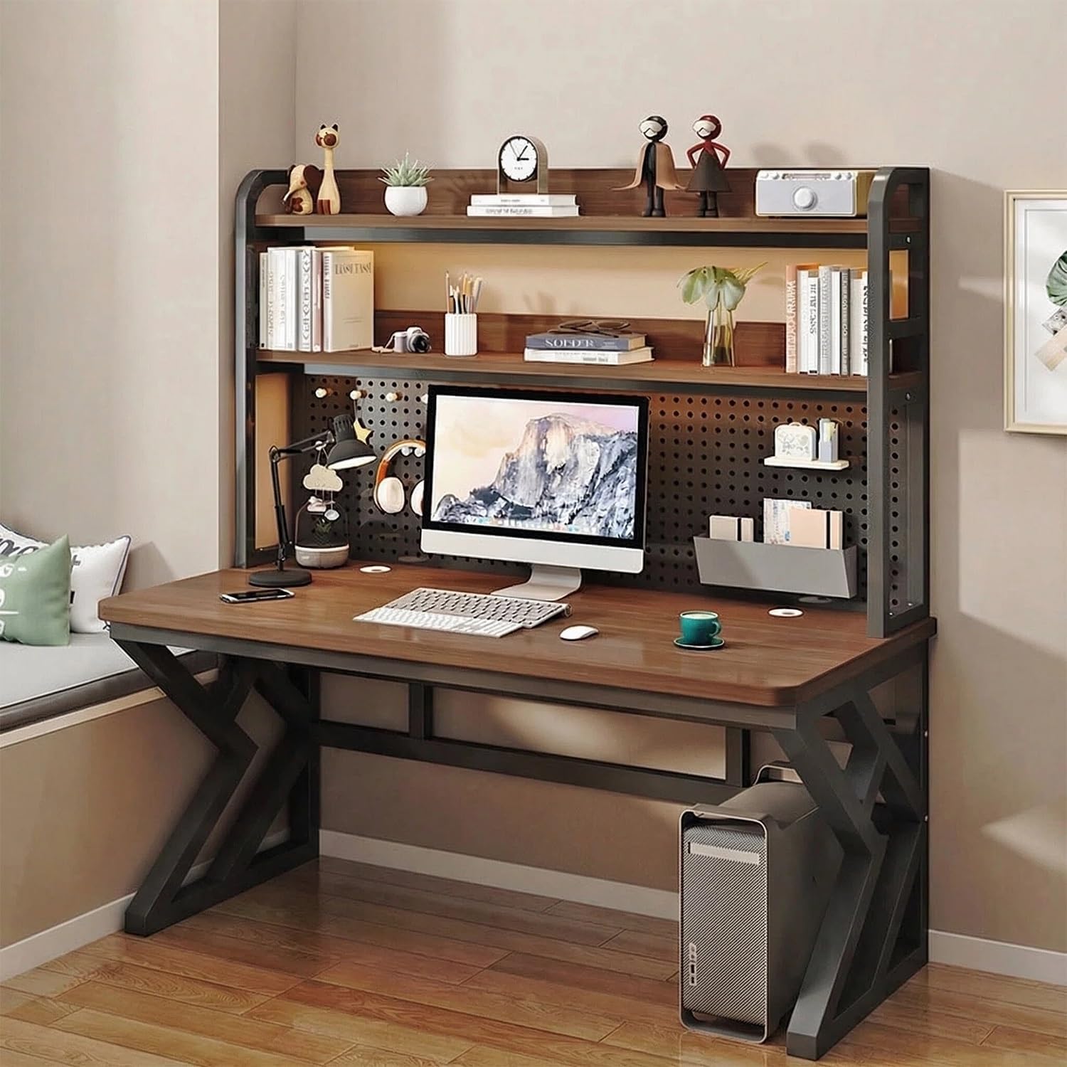 Gaming Desk with LED Lights & Power Outlet, RGB Computer Desk with Pegboard, USB & Type-C Charging Ports, Storage Shelves, Compact Desk for Bedroom, Home Office