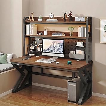 Gaming Desk with Hutch and Pegboard, Computer Desk with Storage Shelves, RGB LED Lights and Charging Station, Power Outlet and USB Ports, Gaming Desk for Bedroom, Study Room and Gaming Setup