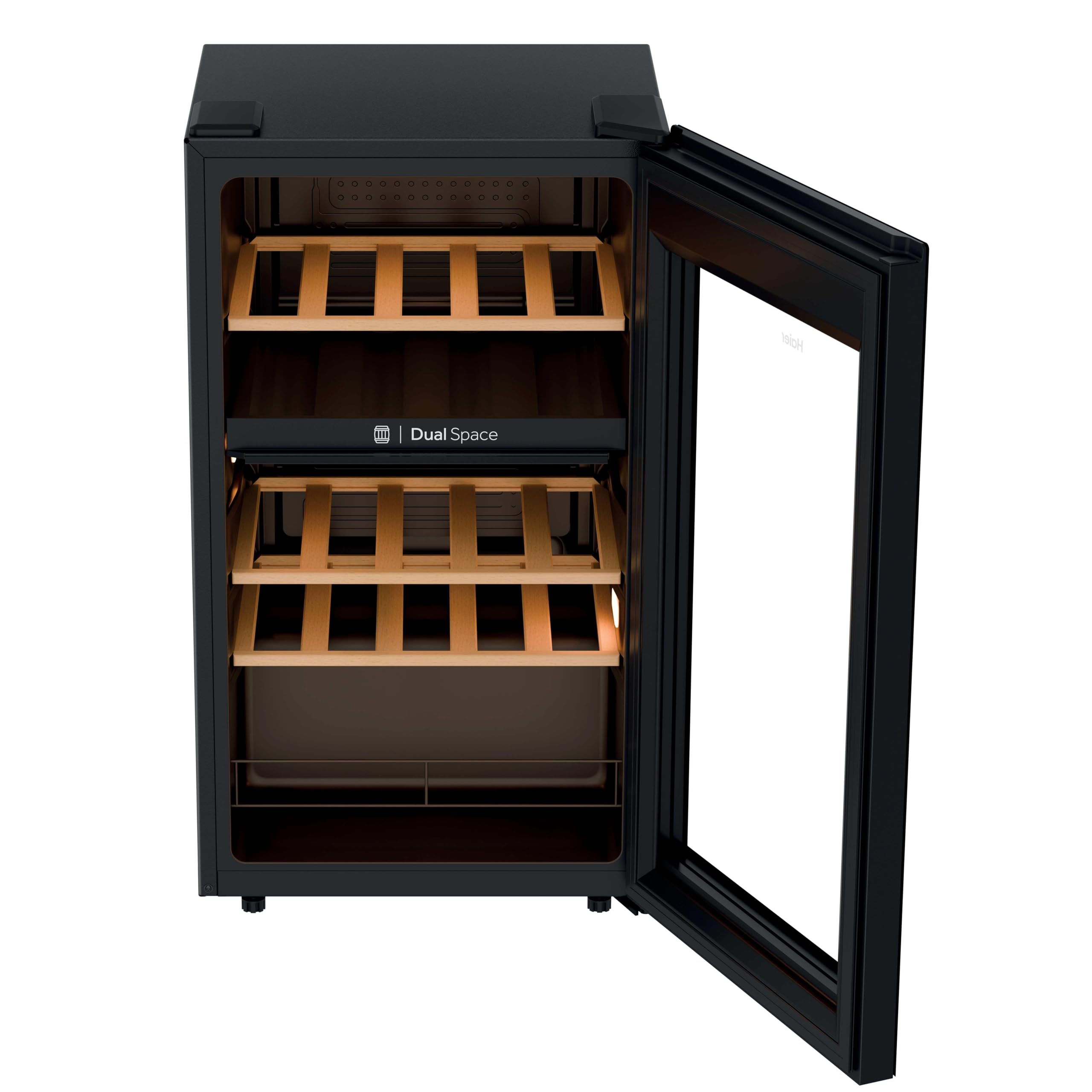 Haier Wine Bank 50 Series 5 HWS32GDG - Vetrina da 32 bottiglie, 2 zone indipendenti, ripiani in legno, filtro anti-UV, sistema anti-vibrazione, display digitale, illuminazione a LED, 37 dbA, nero