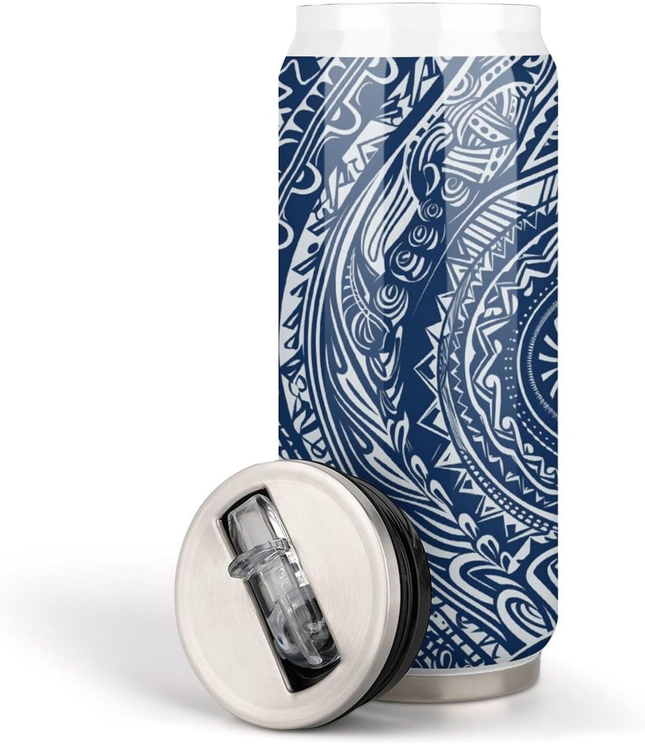 Stainless Steel Cups Blue Polynesian Maori Tribal Pattern Printed Coke Cup Stainless Steel Insulated Cups with Lid And Straw