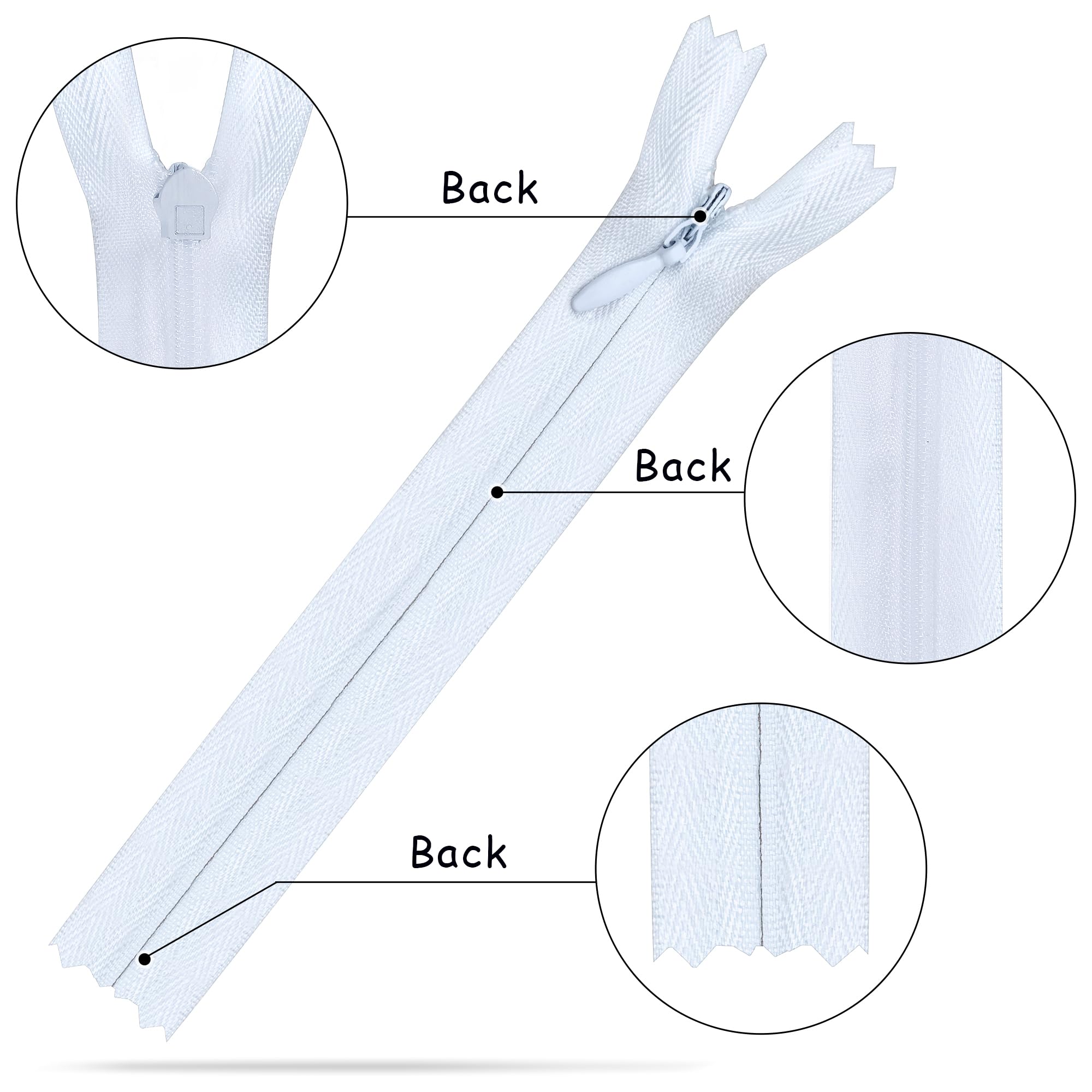 5pcs Invisible Zips, White Zips, 16 Inch / 40cm Nylon Closed-Ended Concealed Zipper - Image 3