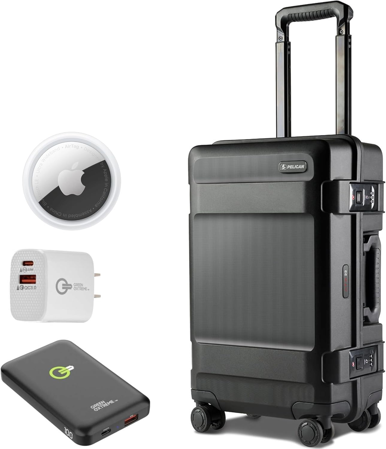Pelican ATX Hardside Carry-On Luggage with 4 Wheels, 22" Airline Approved Waterproof Travel Case, Bundle Includes Apple AirTag, Power Bank and Charger, Lifetime Limited Warranty (Black)