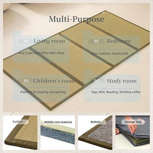 Miniatura 5 de MustMat Tatami Mat Rush Grass Tatami Colchón japonés tradicional plegable (individual-39 x 78 pulgadas)