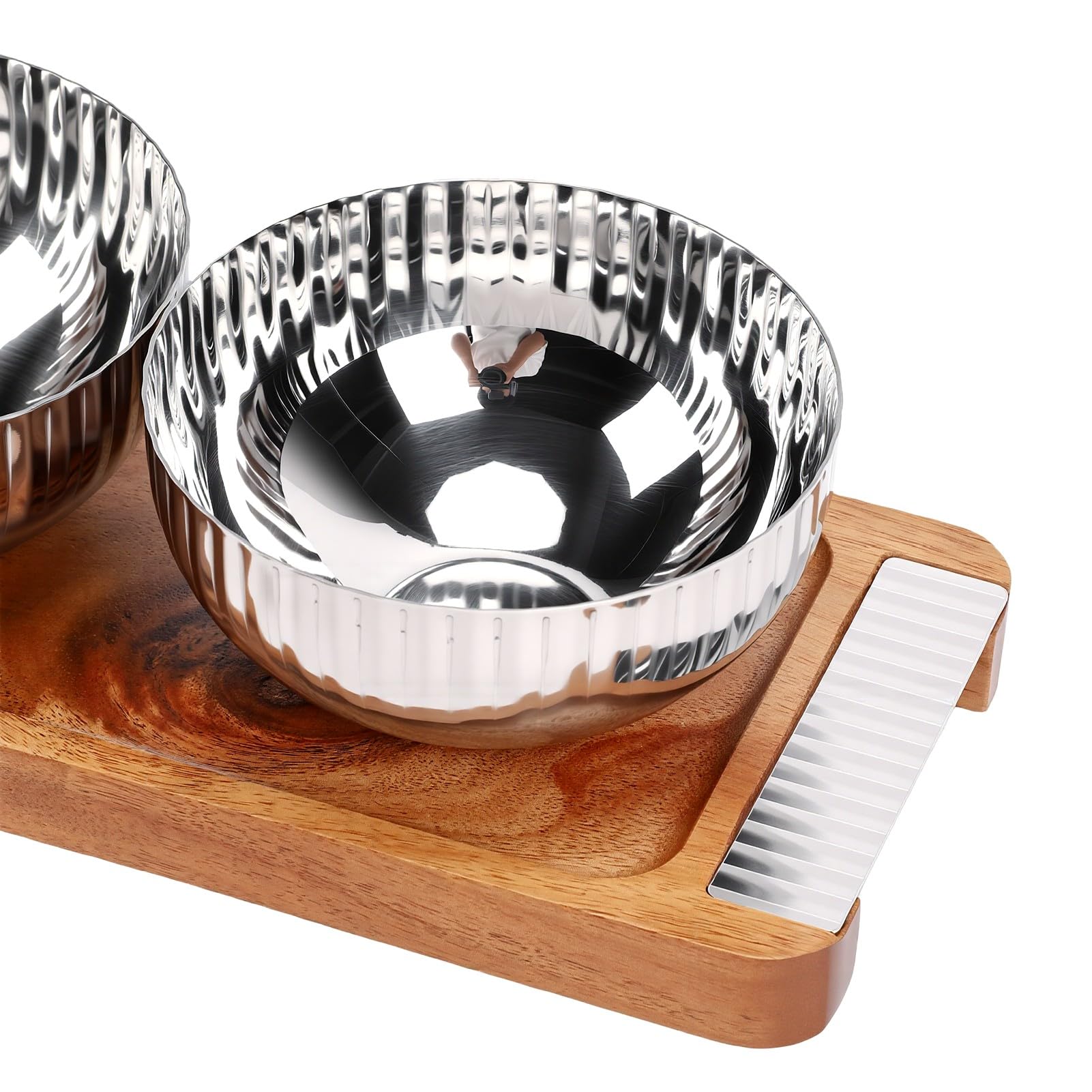 Plateau de Service en Noyer 3 Bols avec Inserts en INOX, pour