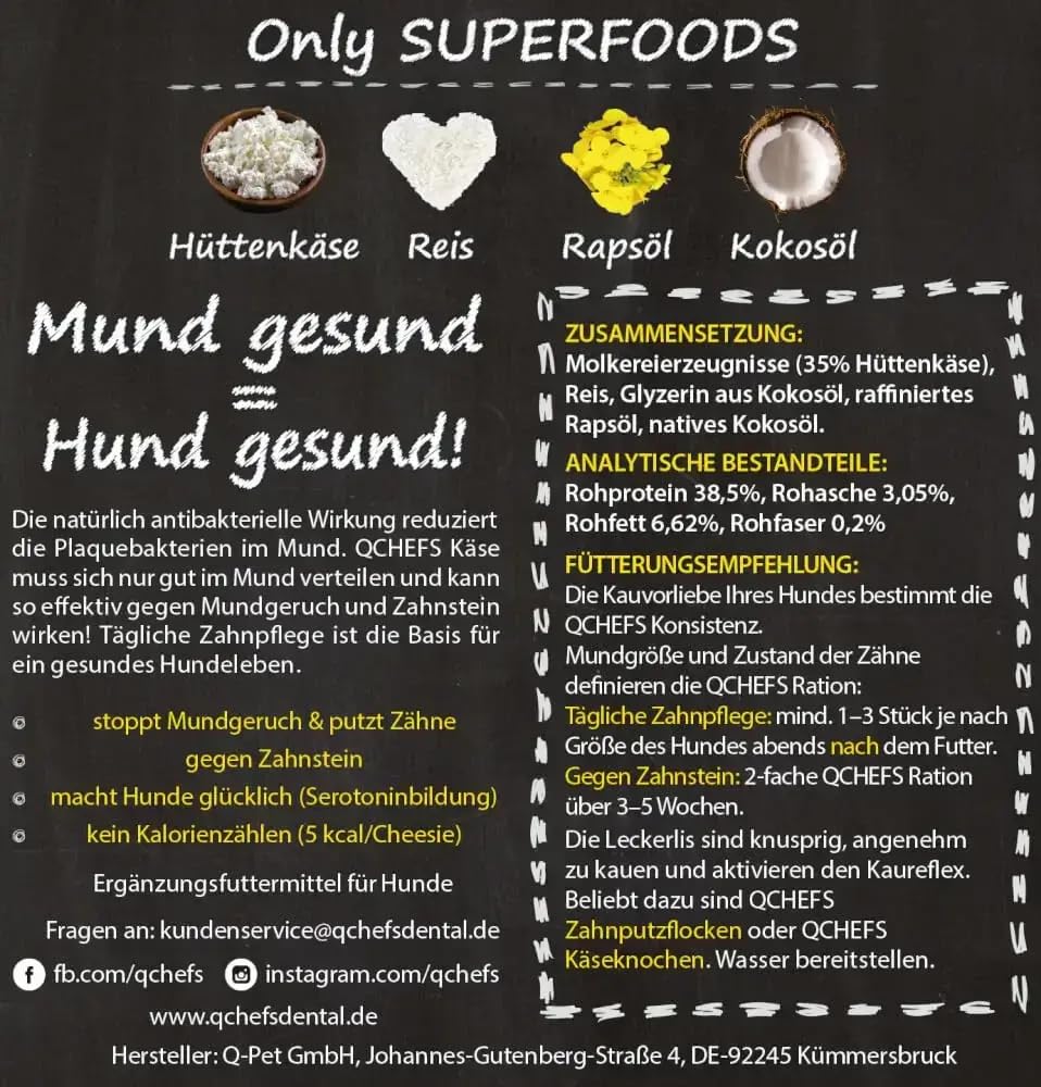 QCHEFS CHEESIES Hundeleckerli bei Mundgeruch, Zahnfleischentzündung als Zahnsteinentferner durch natürlich antibakterielle Zahnpflege ohne Dentalspray oder Zahnbürste für die Gesundheit