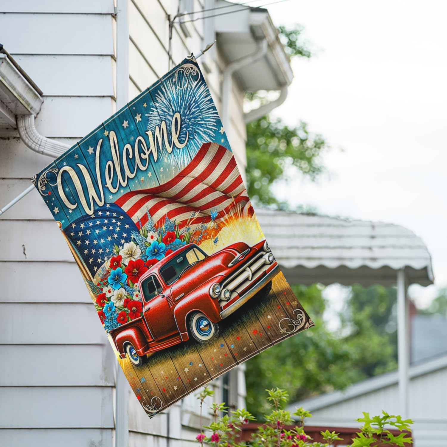America Forever Welcome American Red Truck 4th of July House Flag, 28x40 inch Double Sided, Patriotic Vintage Pickup Yard Outdoor Home Floral Flowers Lawn Outside Decorations
