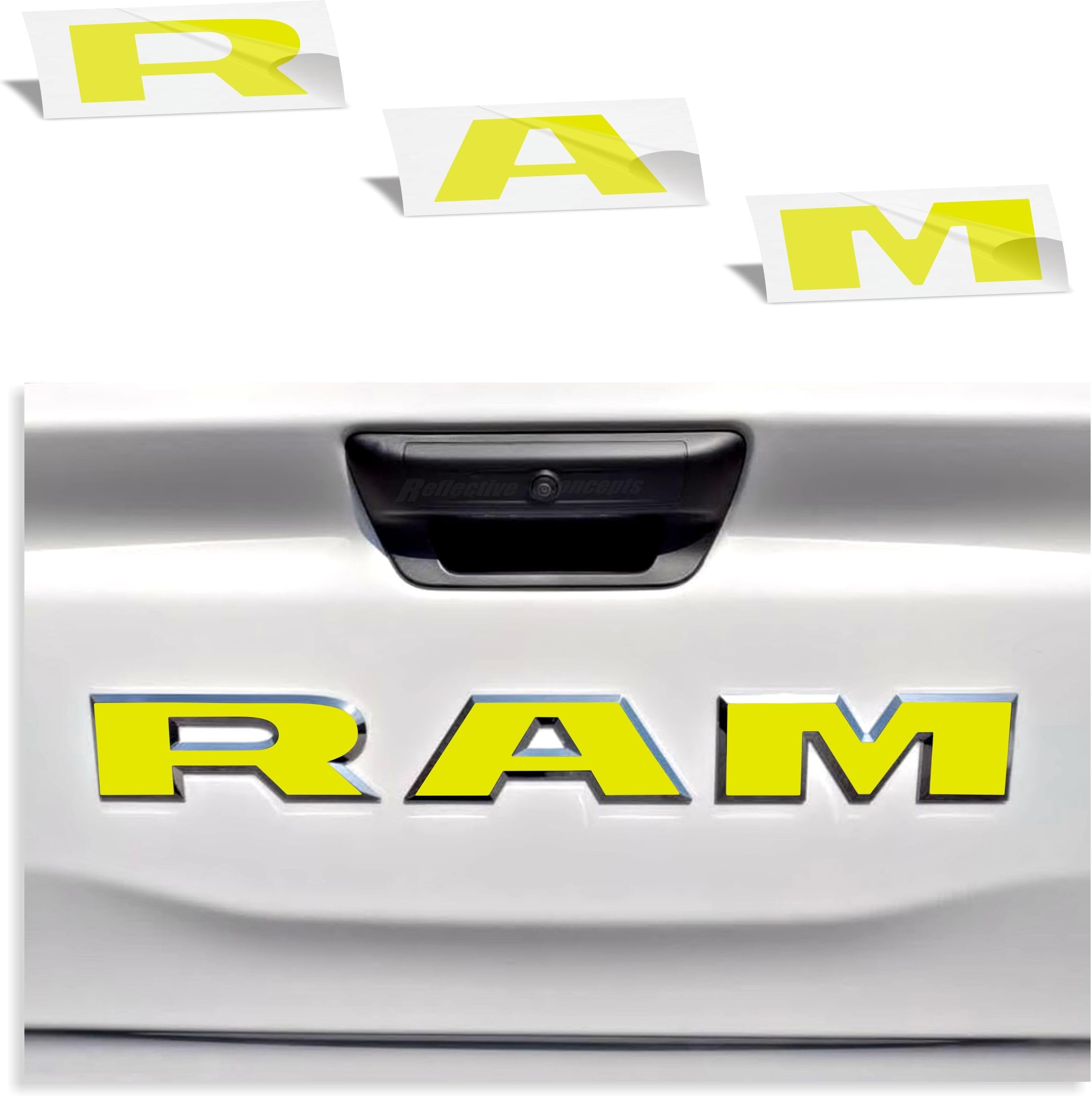 RAM Tailgate Emblem Overlay Decal Stickers 2025-2026 Ram 1500 (Color: Reflective Lemon Yellow)