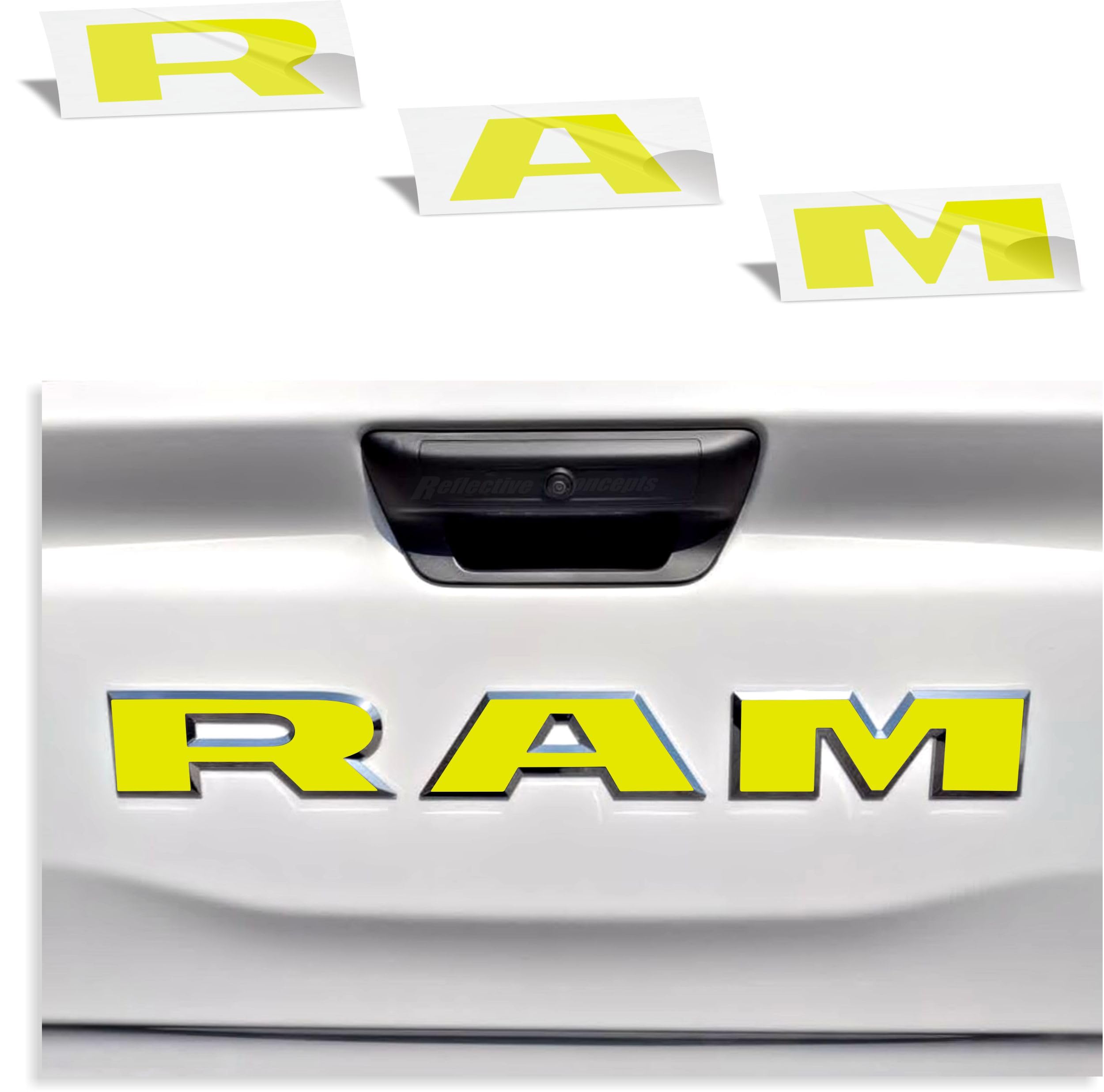 RAM Tailgate Emblem Overlay Decal Stickers 2025 Ram 1500 (Color: Reflective Lemon Yellow)