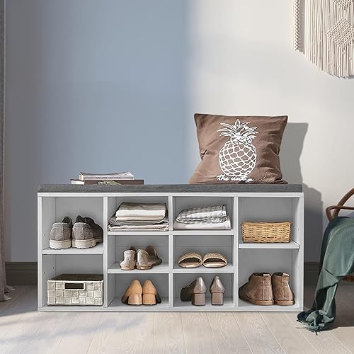 Miniatura 4 de Banco de almacenamiento de zapatos con 10 cubos ajustables, banco de entrada con estantes de 3 niveles para pasillo, sala de estar, dormitorio,