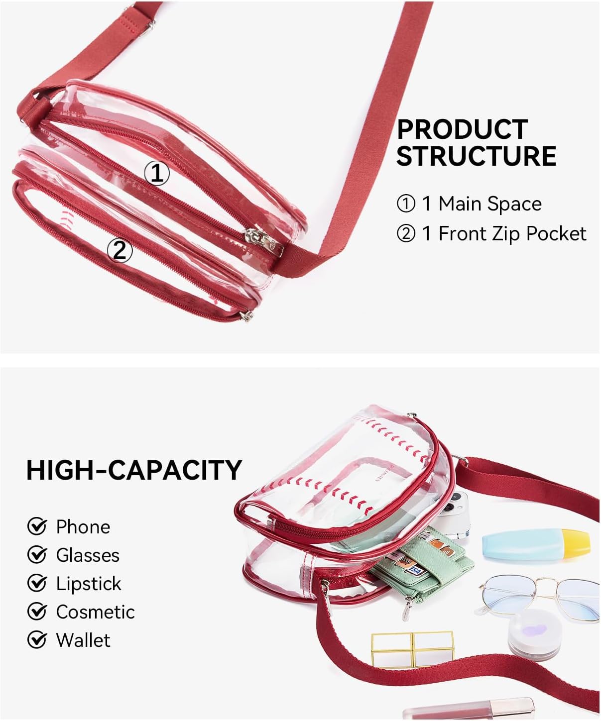 BOSTANTEN Clear Bag for Women Stadium Approved Clear Bags Small Crossbody Purse Trendy for Concerts Sports Events - Image 6