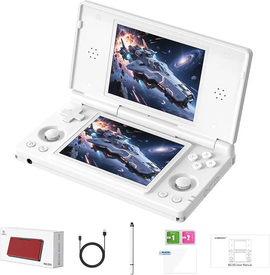 GiipGoop RG DS Consoles de jogos portáteis RG DS Retro Gaming Console de videogame de tela dupla Android 14 portátil Pocket Arcade 40.000 mAh bateria WiFi, Bluetooth, saída HD, branco polar