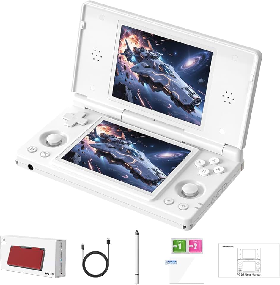 GiipGoop RG DS Consoles de jogos portáteis RG DS Retro Gaming Console de videogame de tela dupla Android 14 portátil Pocket Arcade 40.000 mAh bateria WiFi, Bluetooth, saída HD, branco polar