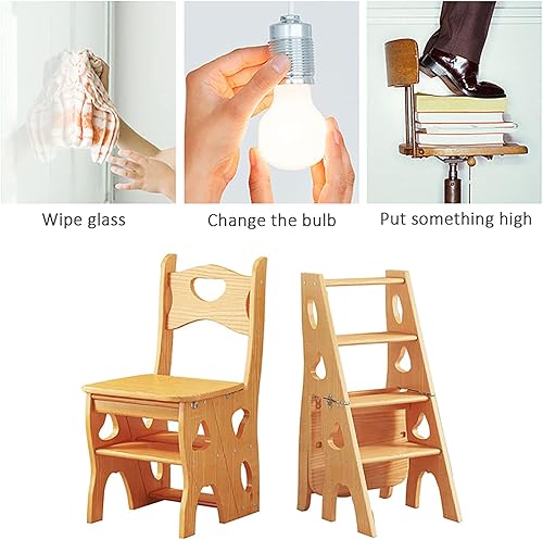 Miniatura 7 de U&Q - Silla plegable de madera para biblioteca, estante de escalera portátil ligero, taburete multifuncional, soporte de exhibición de 4 escalones