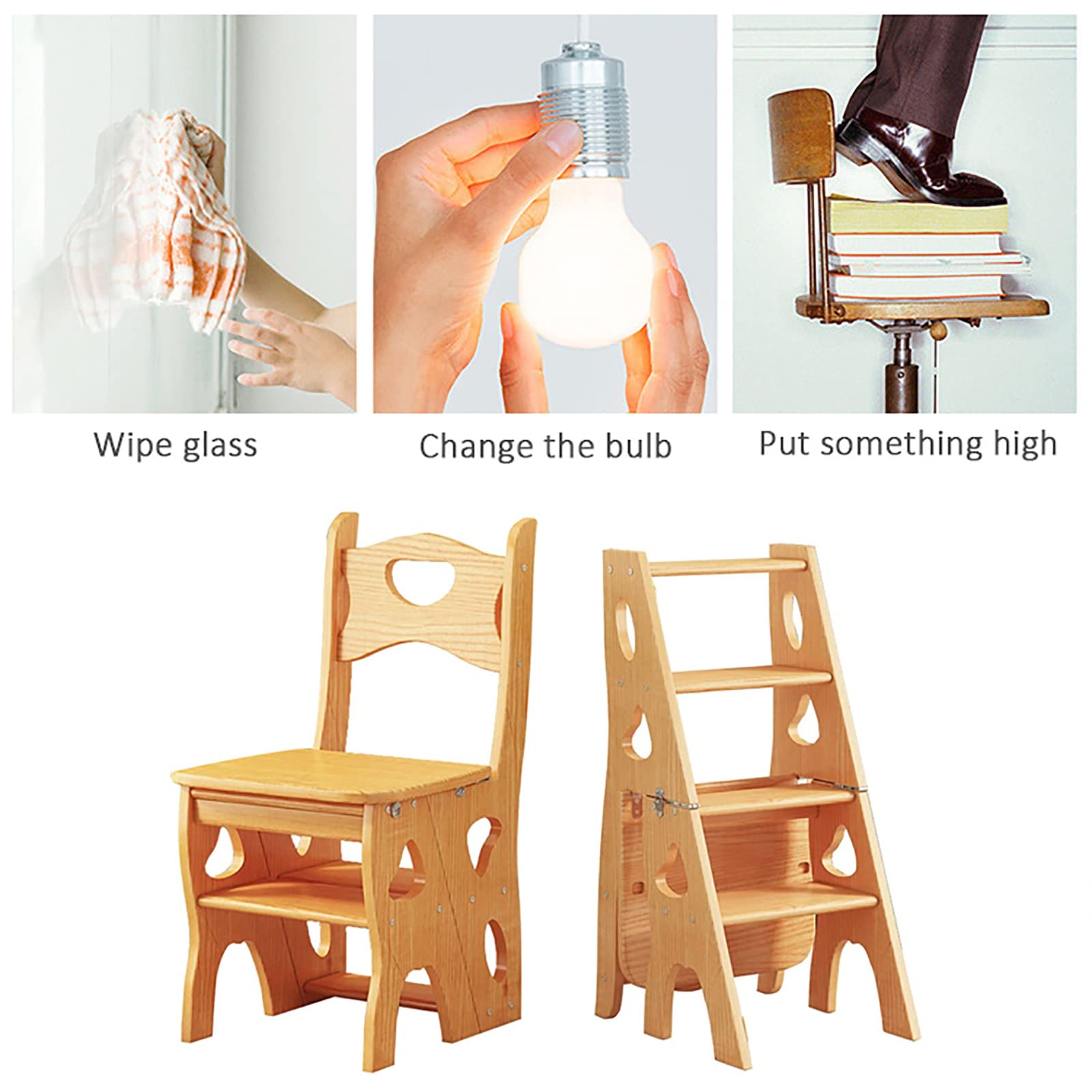 Silla de escalera plegable para biblioteca, taburete portátil, soporte de exhibición ligero de 4 escalones, estante de madera multifuncional para uso doméstico u oficina