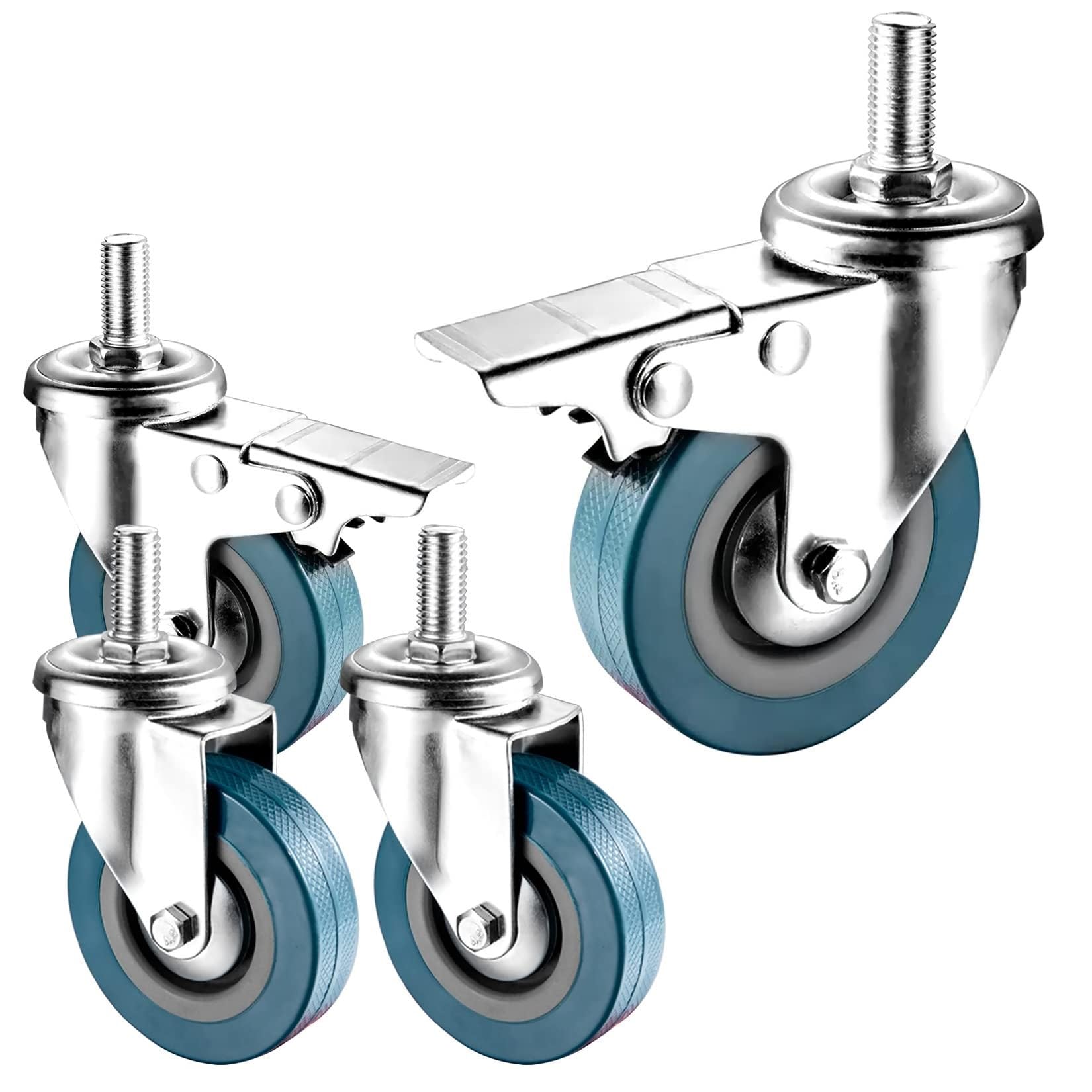 ZGUOUZANTYE Heavy Duty M10 M12 Threaded Stem Casters 4 Pack No Noise Dual Locking Brakes For Furniture Table Trolley Workbench(Swivel+brake,75mm(3in) m12)