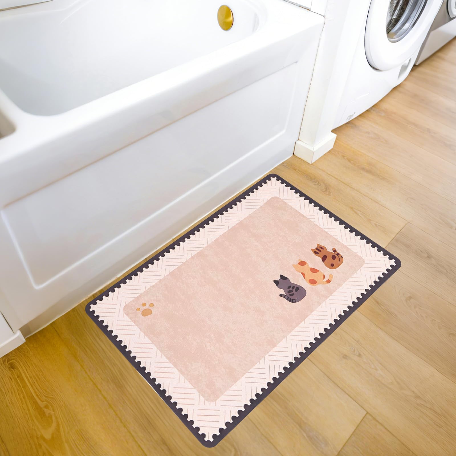 KIUEZIR Bath Mat Non-Slip 40 x 60 cm, Anti Mould & Quick Drying Diatomite Material, Thin Bathroom Rug with Cat Designs, Washable & Absorbent Bathroom Mat for Bathtub & Washing Table, Khaki