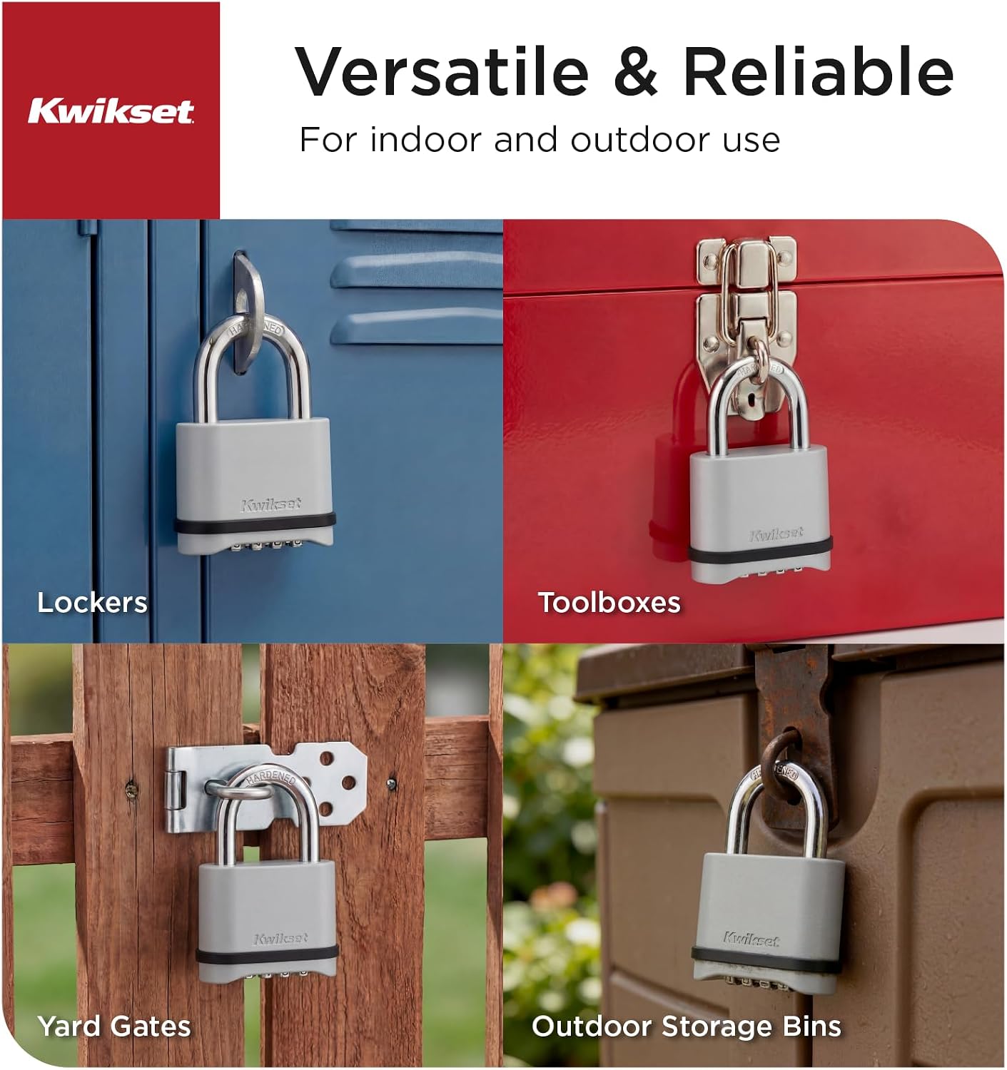 Kwikset Zinc Resettable 4-Digit Combination Padlock, Outdoor Gate and Storage Lock, 2 in Body, 1 in Shackle, 1 Pack, Chrome