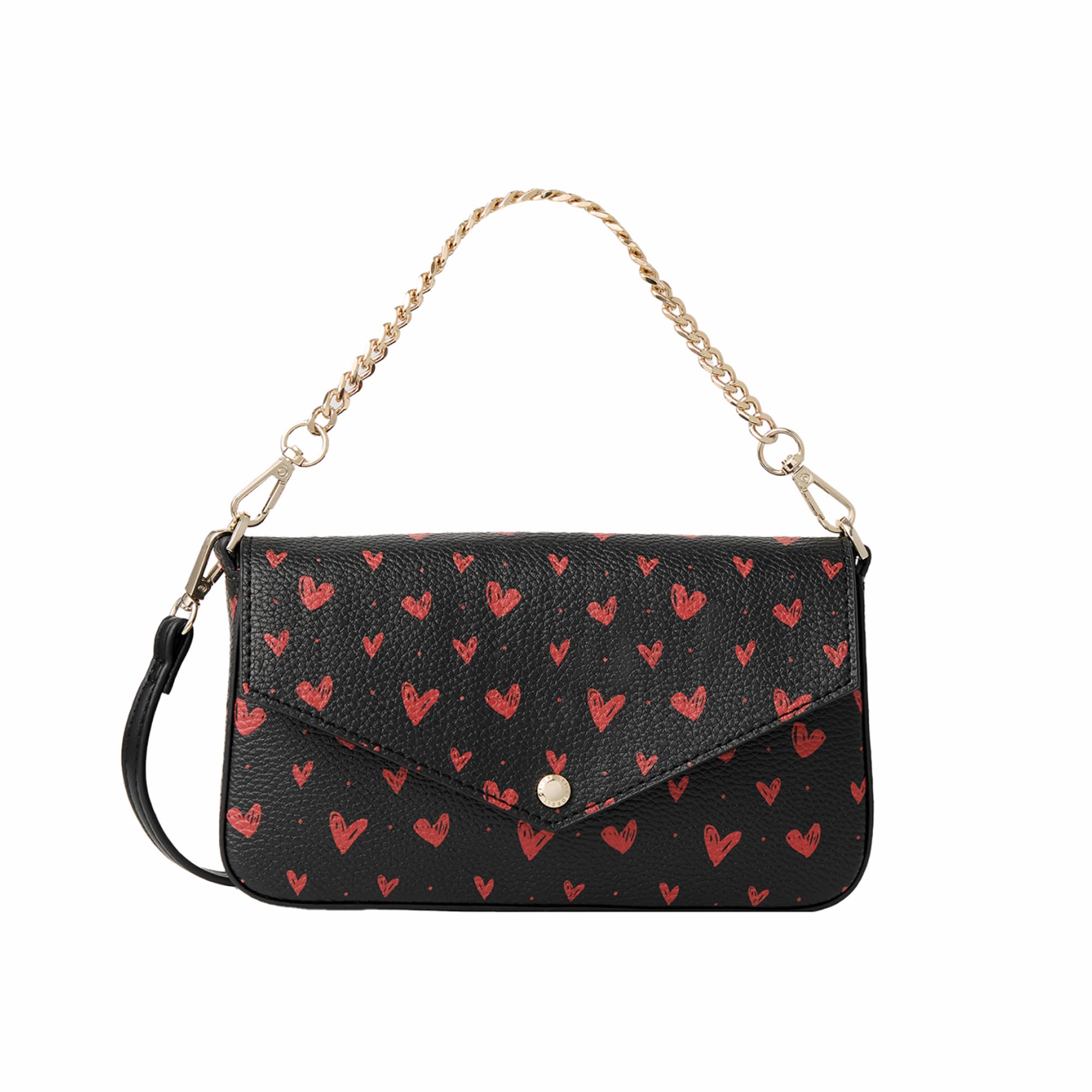 Fiorelli Women's Lacy Chain Crossbody, Stylish & Versatile Handbag with Adjustable Straps, Black Faux Leather with Heart Print