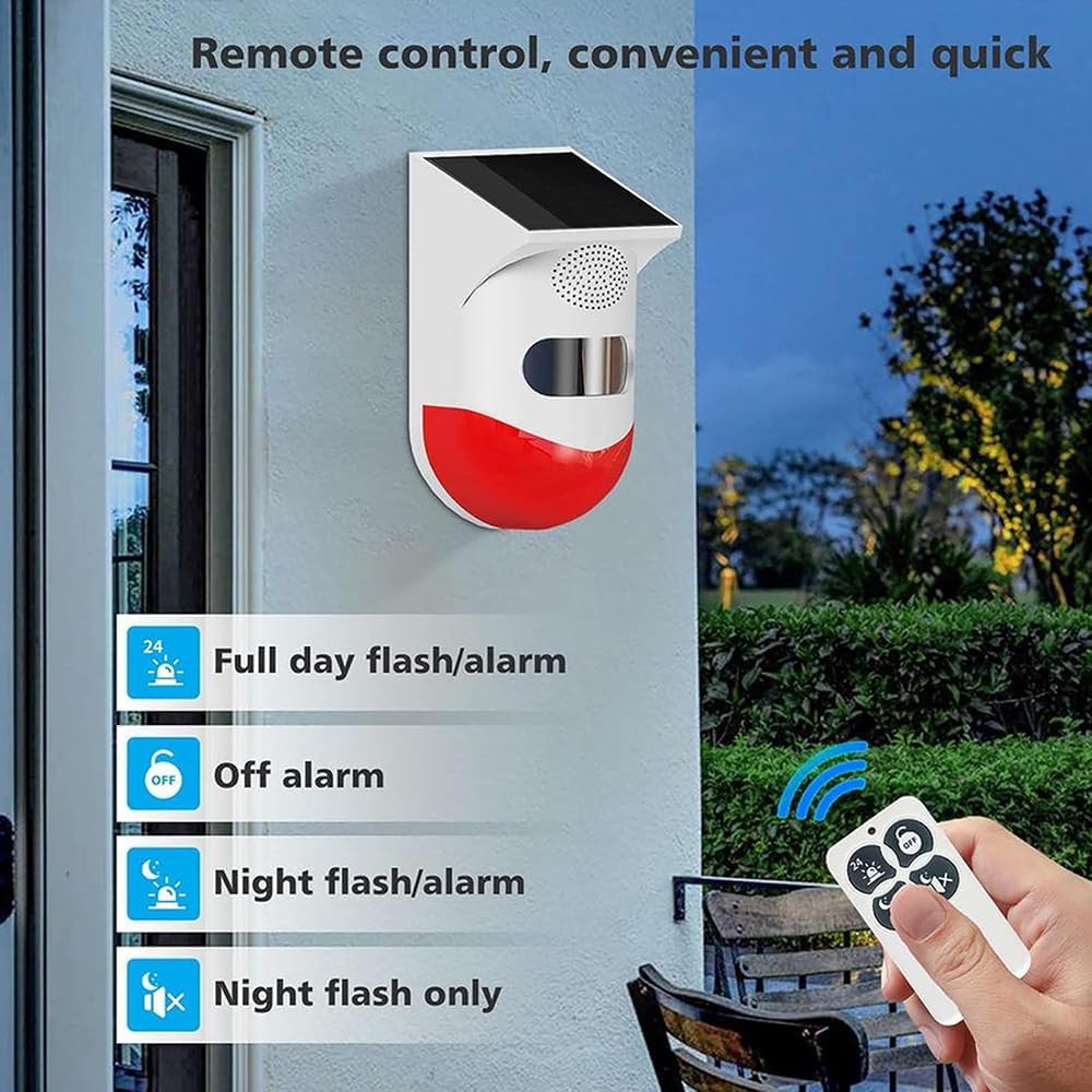 EverNary Solar Strobe Alarm Light with Motion Sensor Siren Outdoor Alarm Siren with Remote Controller 120db Sound Security Siren Light IP65 Waterproof and 4 Modes for Home,Farm,Barn,Villa,Yard