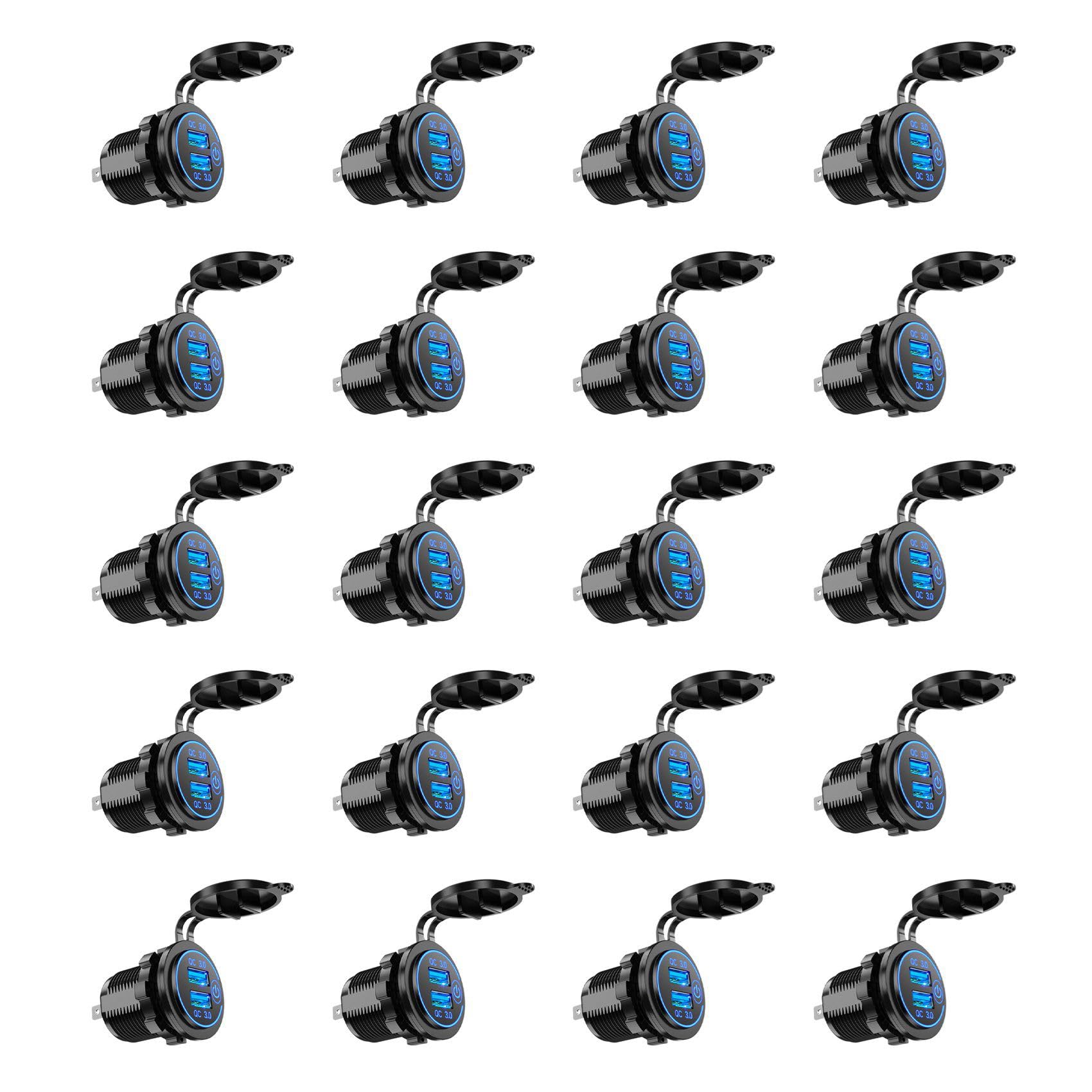 20X Carga Rápida 3.0 Cargador de Coche Usb Dual 12V 36W Cargador Rápido Usb con Interruptor para Moto Camión Carro de Golf Azul