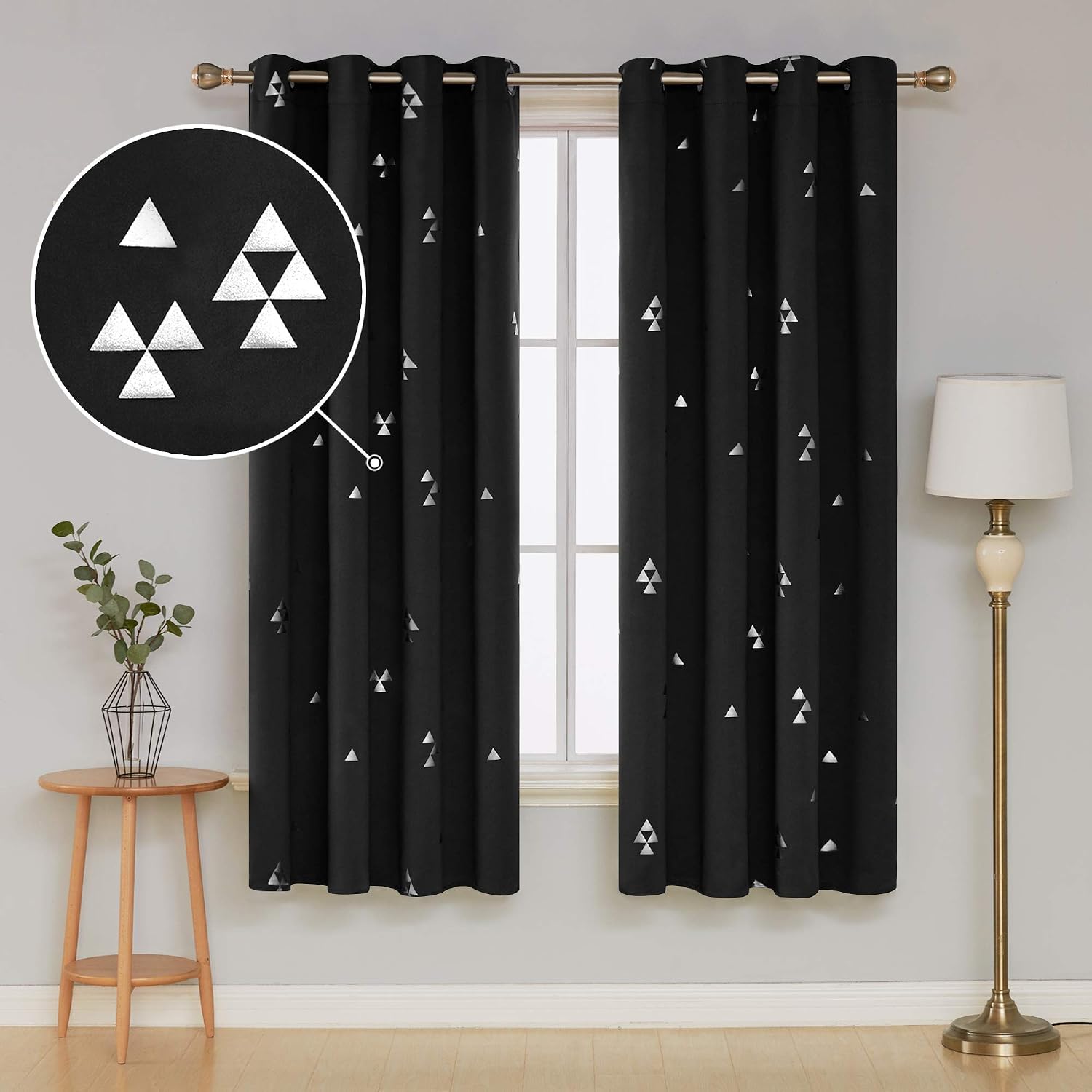Deconovo Black Blackout Curtains Triangle Printed Grommet Sun Blocking Curtains for Windows 52 x 72 Inch Black 2 Panel